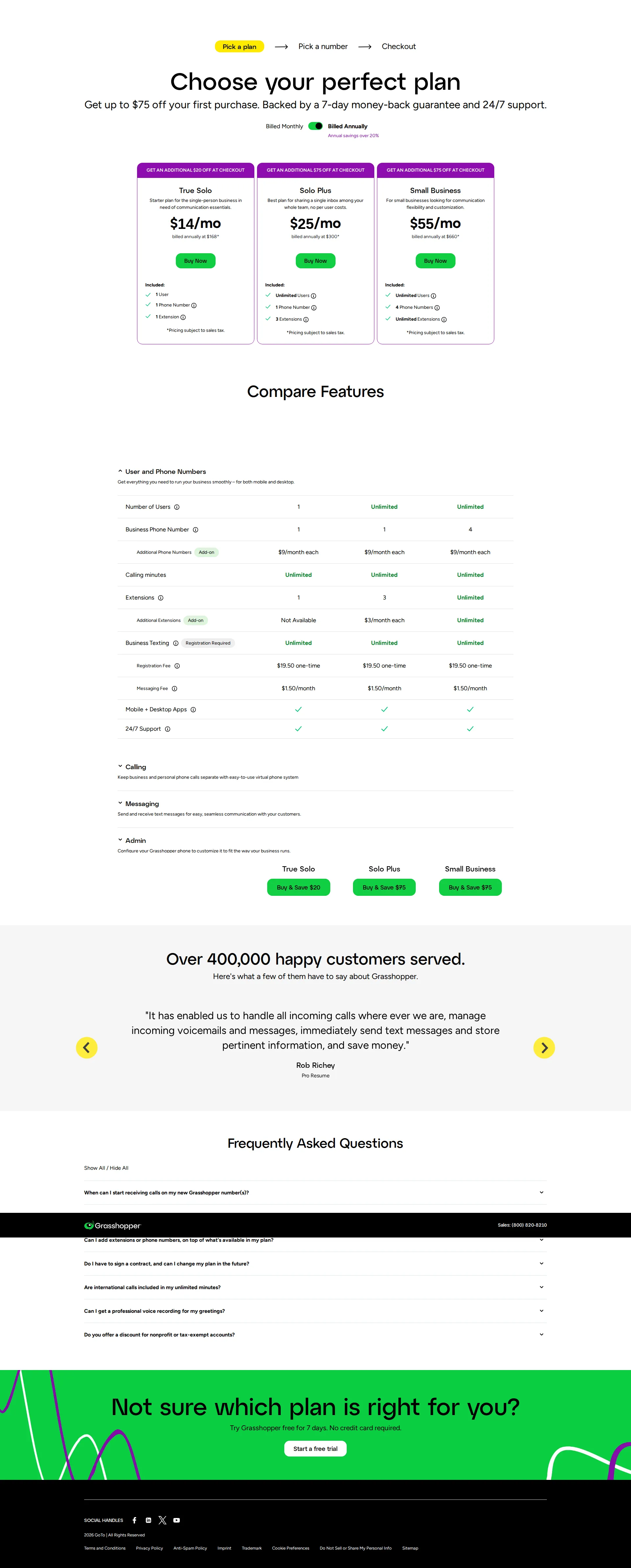 Grasshopper pricing page screenshot