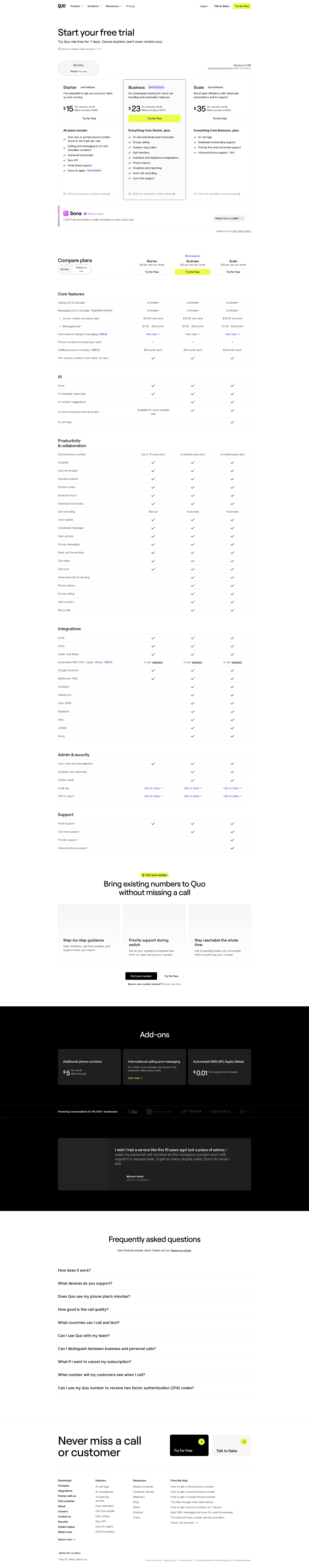 OpenPhone pricing page screenshot