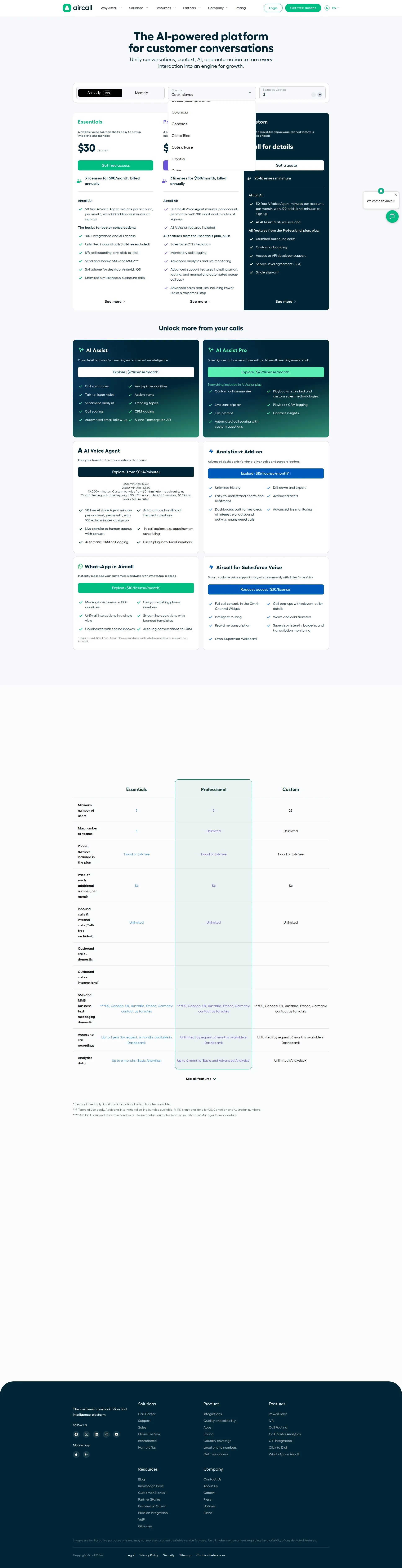 Aircall pricing page screenshot