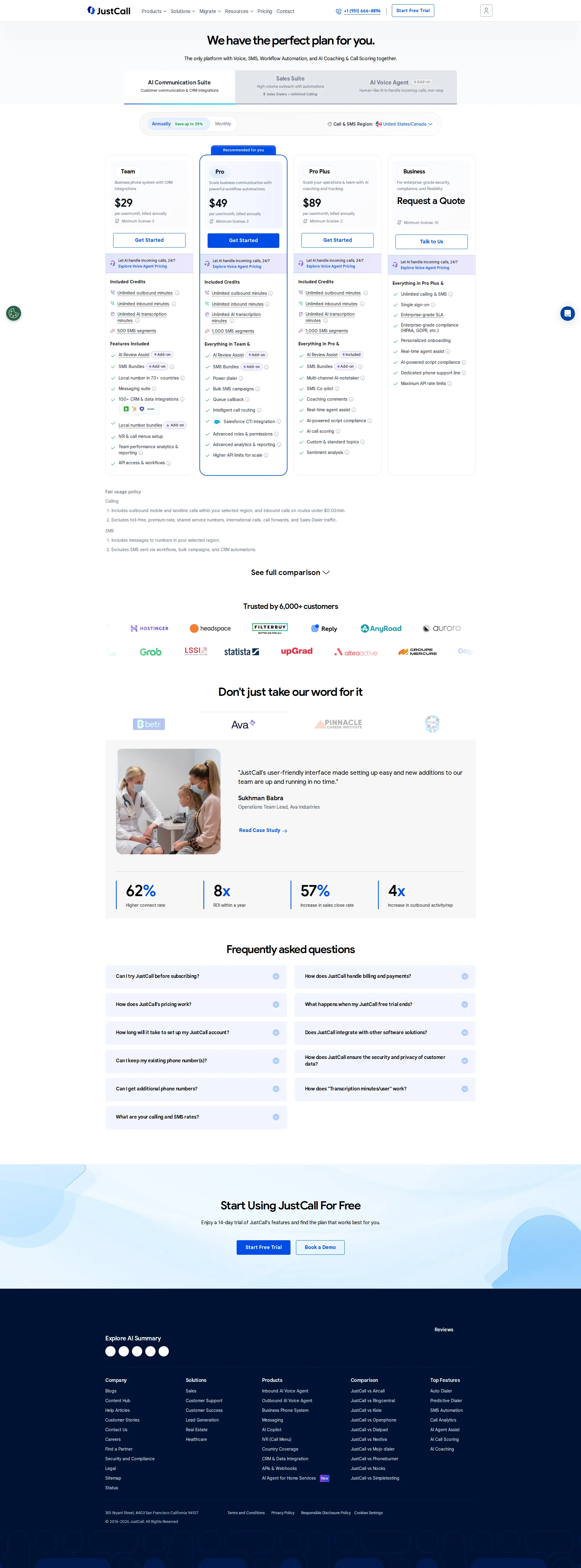 JustCall pricing page screenshot