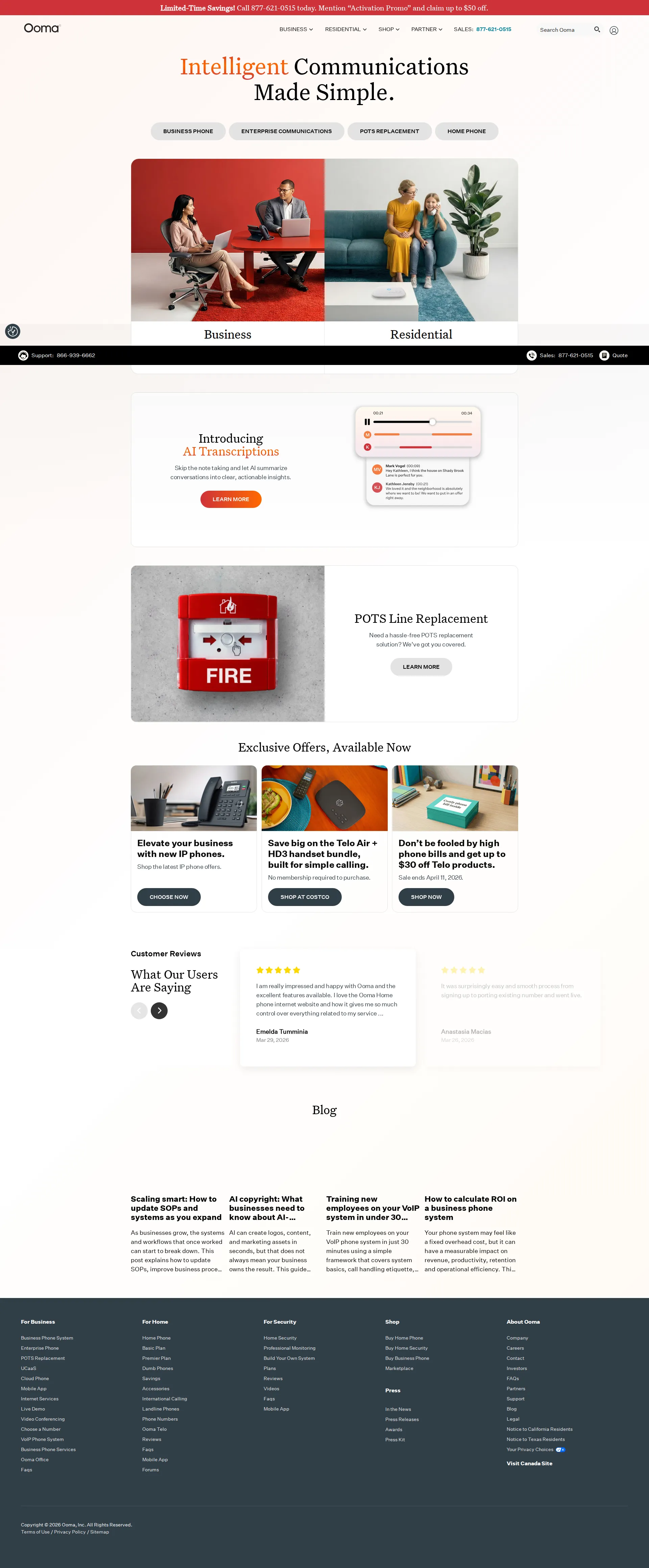 Ooma pricing page screenshot