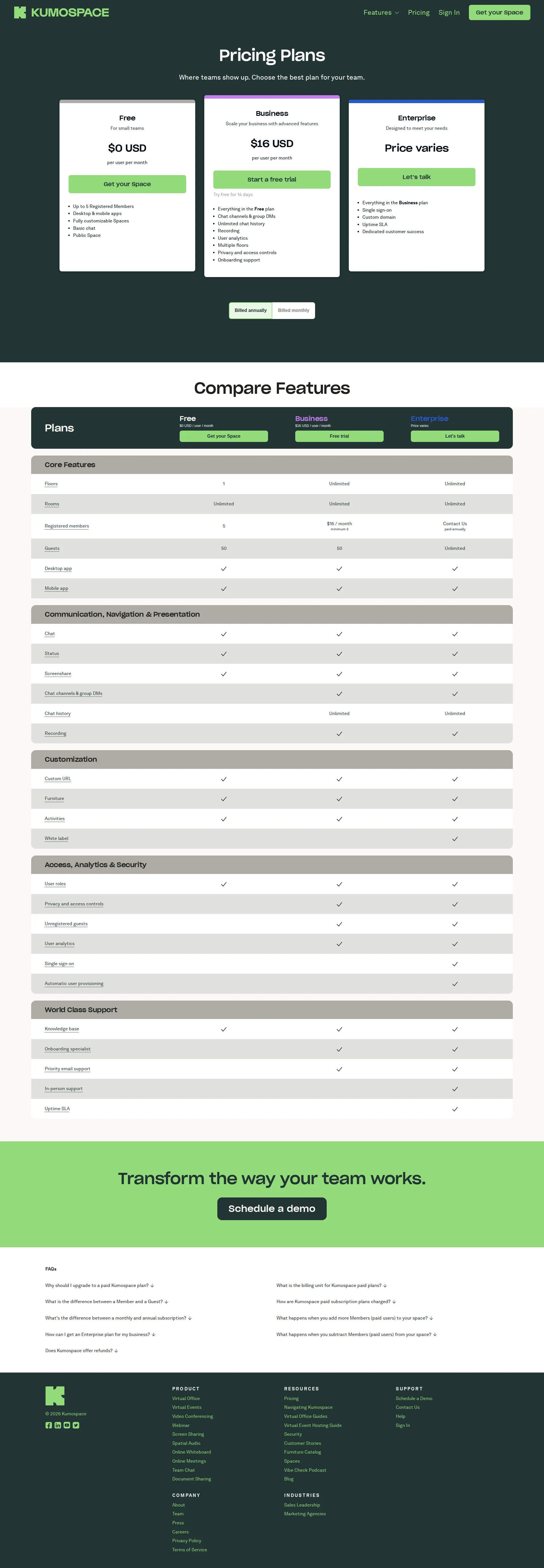 Kumospace pricing page screenshot
