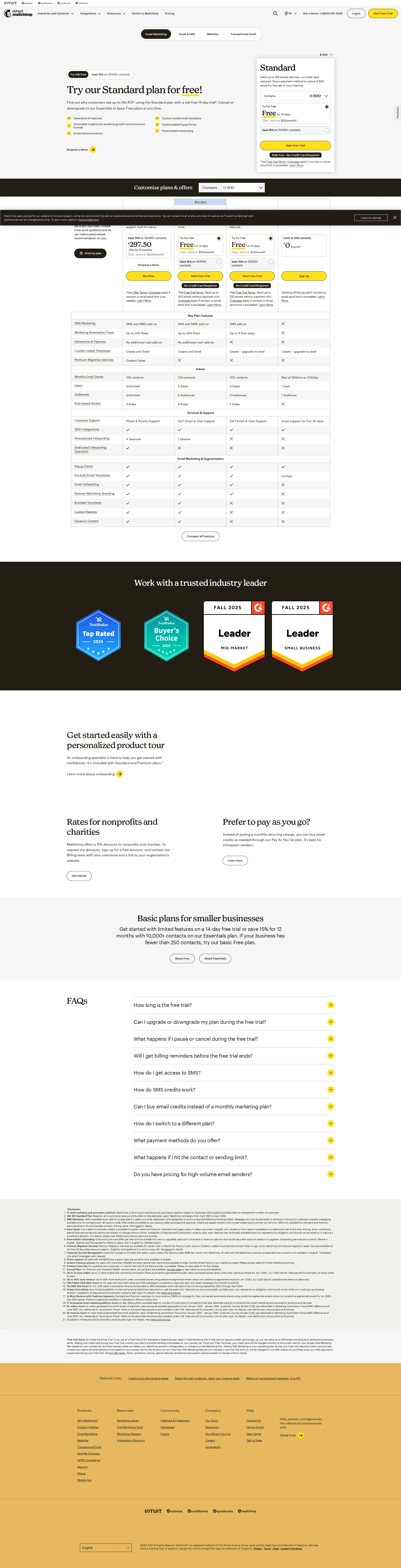 Mailchimp pricing page screenshot