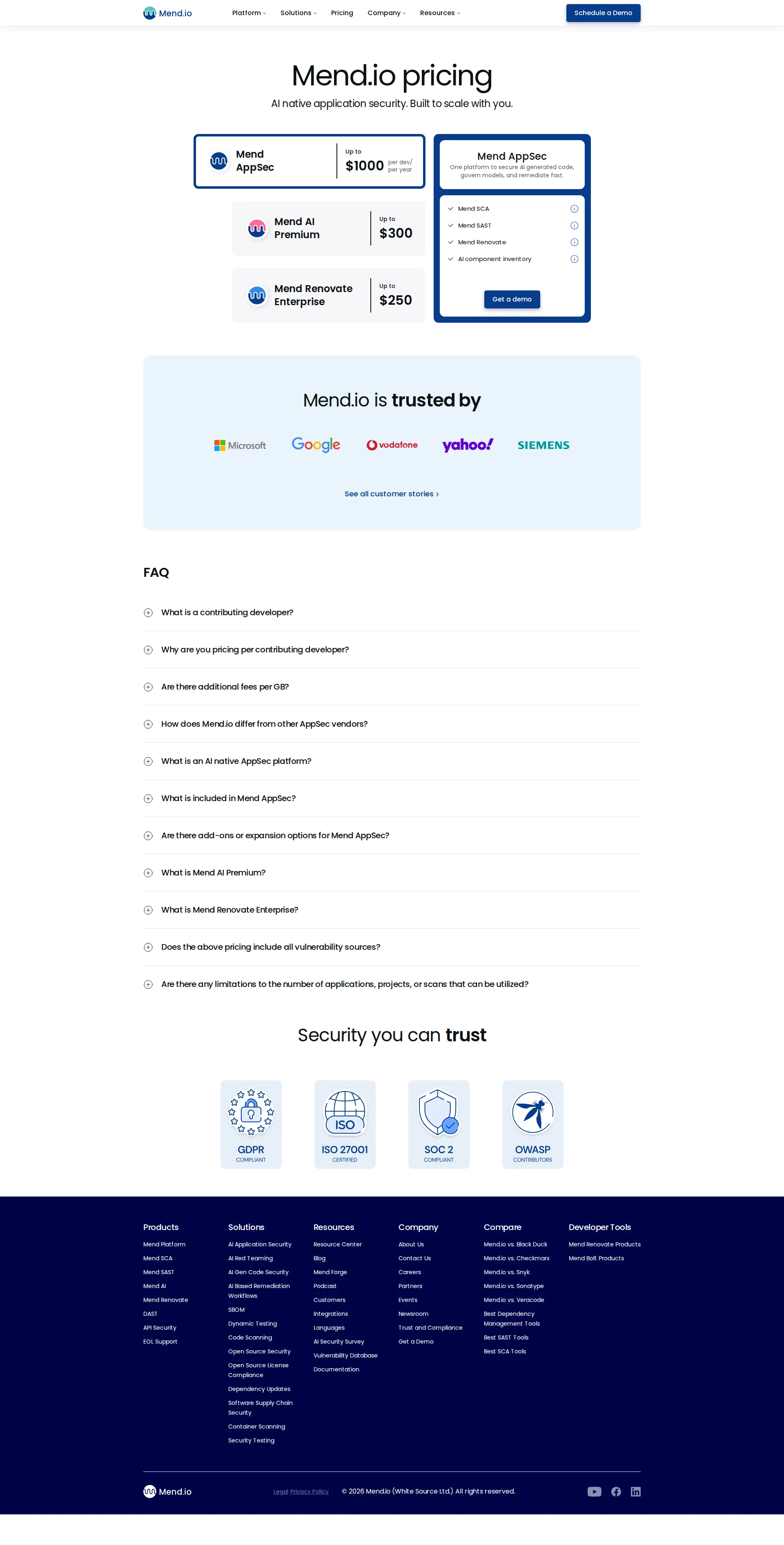 WhiteSource pricing page screenshot