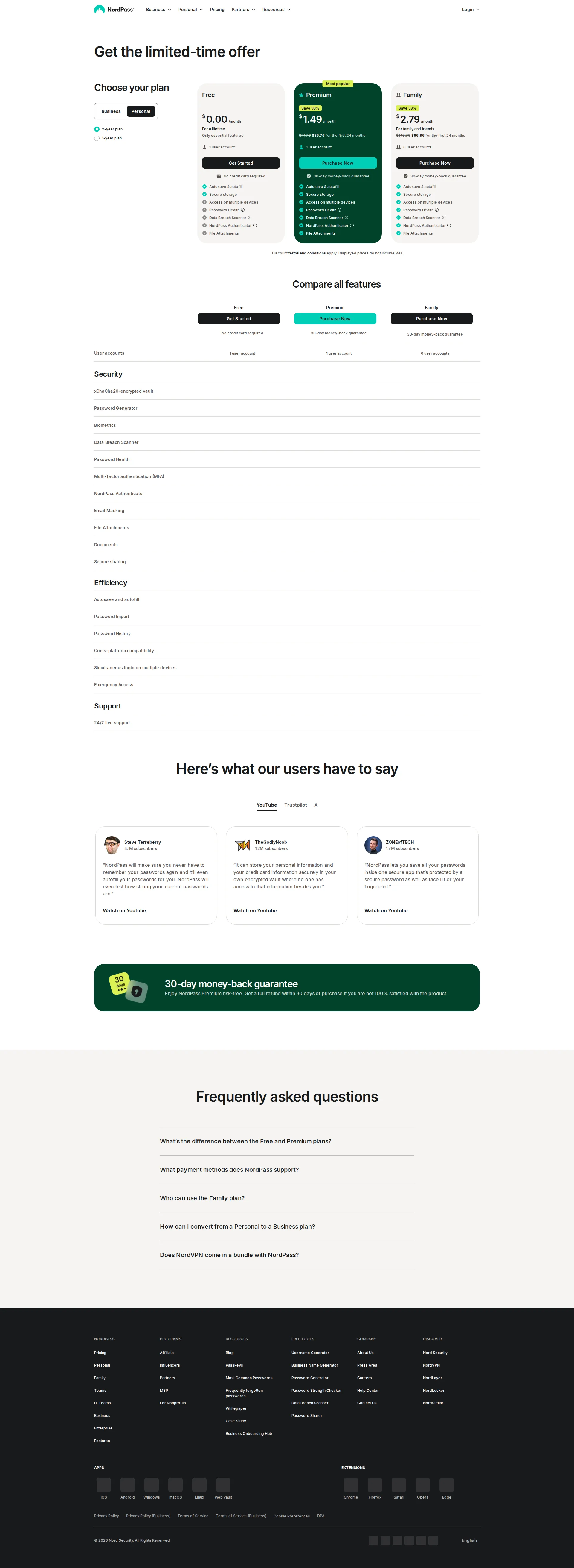 NordPass pricing page screenshot