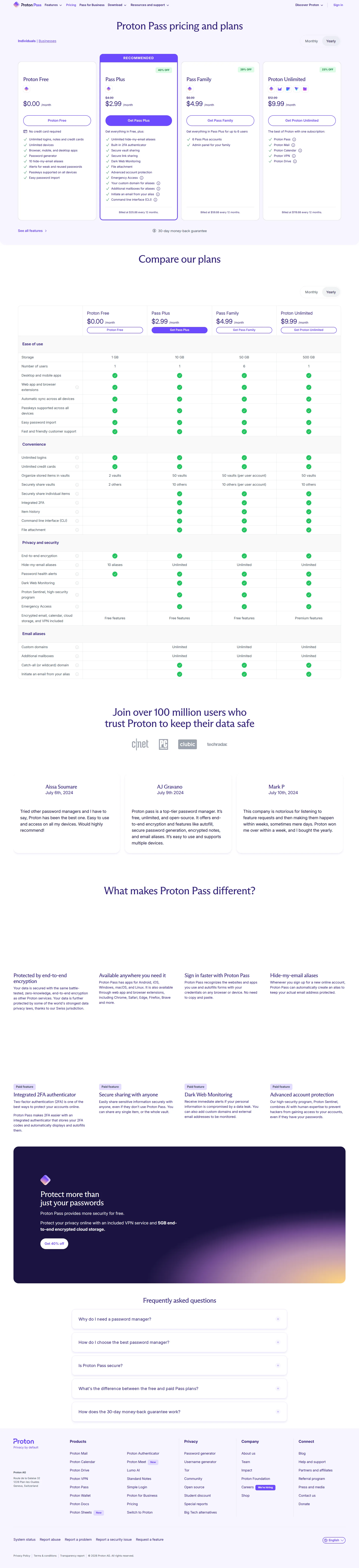 Proton Pass pricing page screenshot