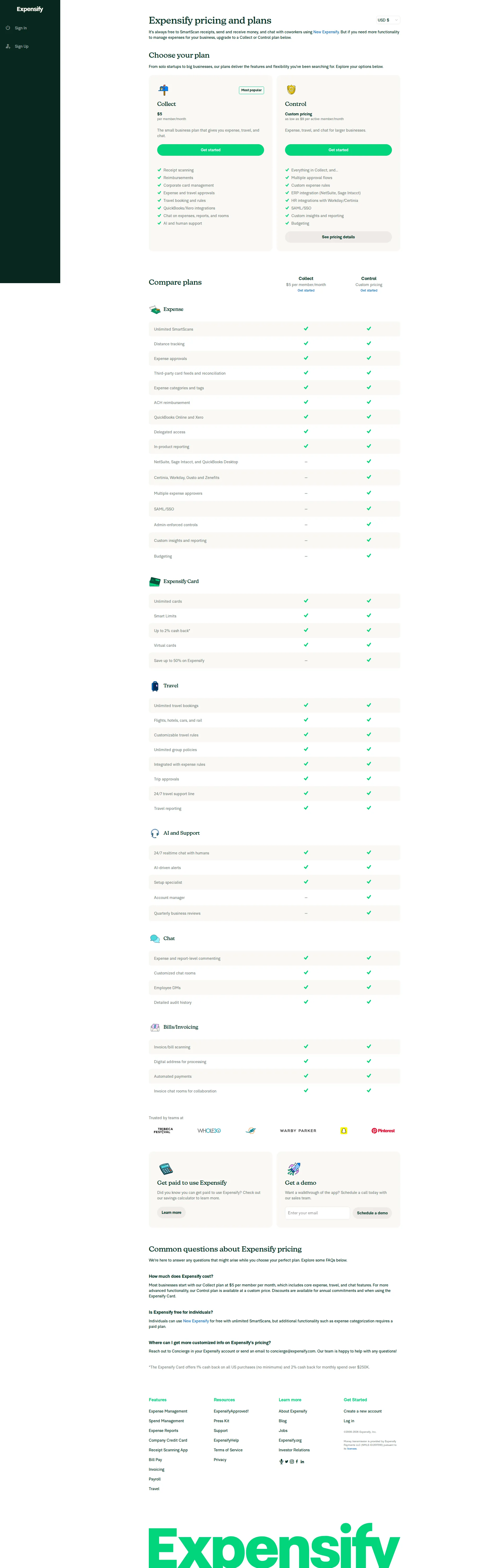 Expensify pricing page screenshot