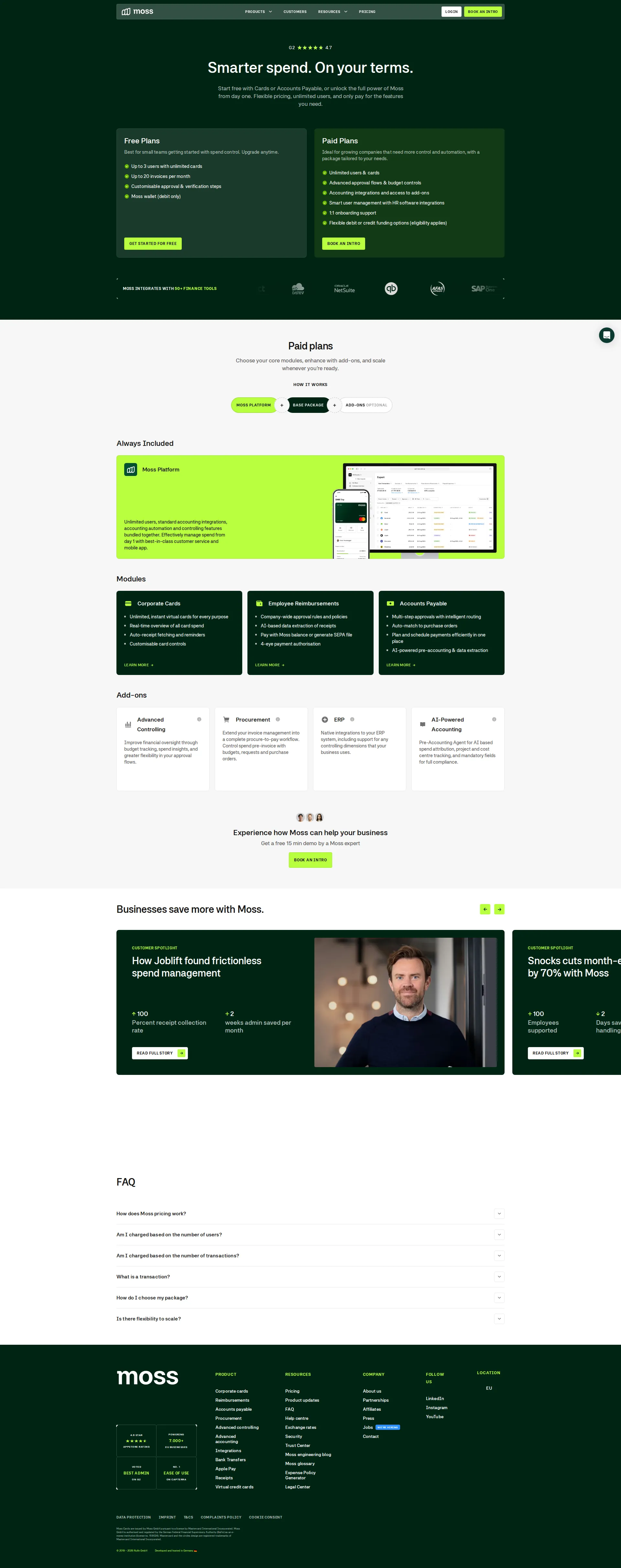 Moss pricing page screenshot