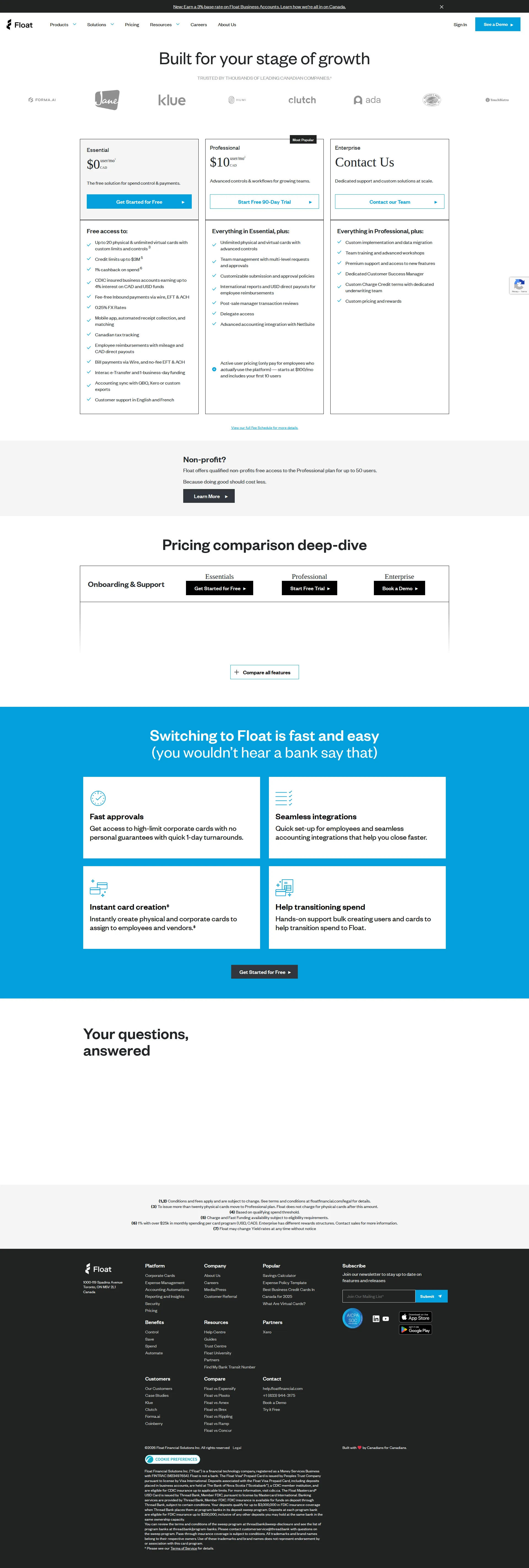 Float pricing page screenshot