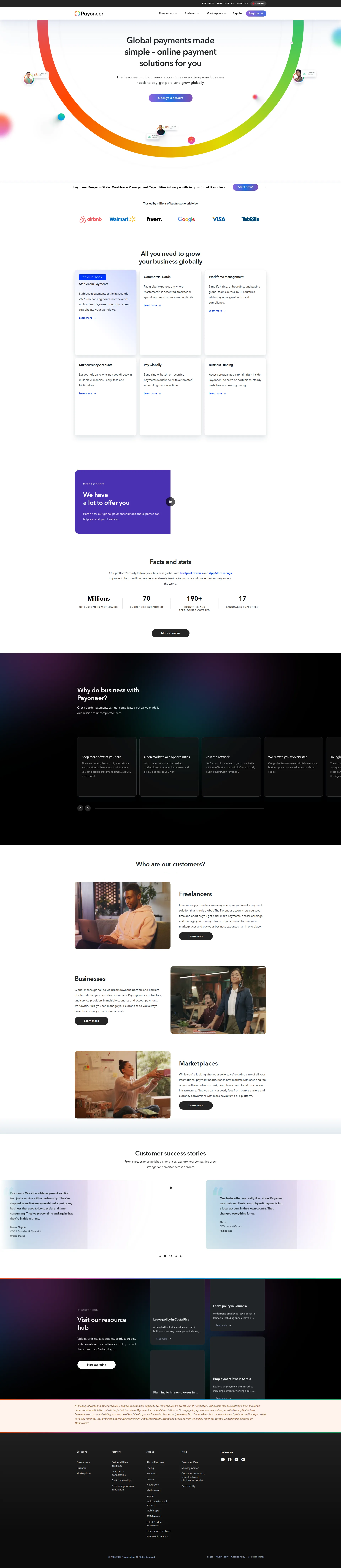 Payoneer pricing page screenshot