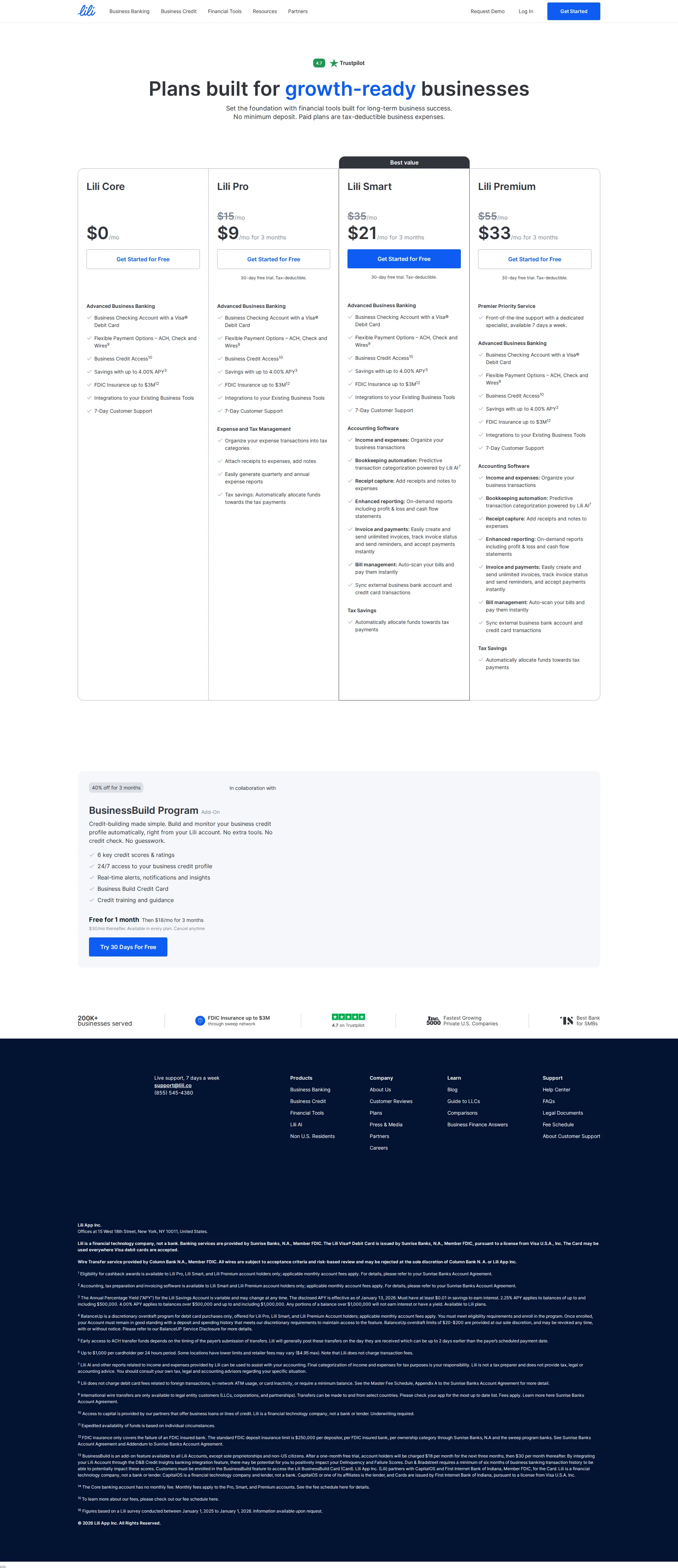 Lili pricing page screenshot