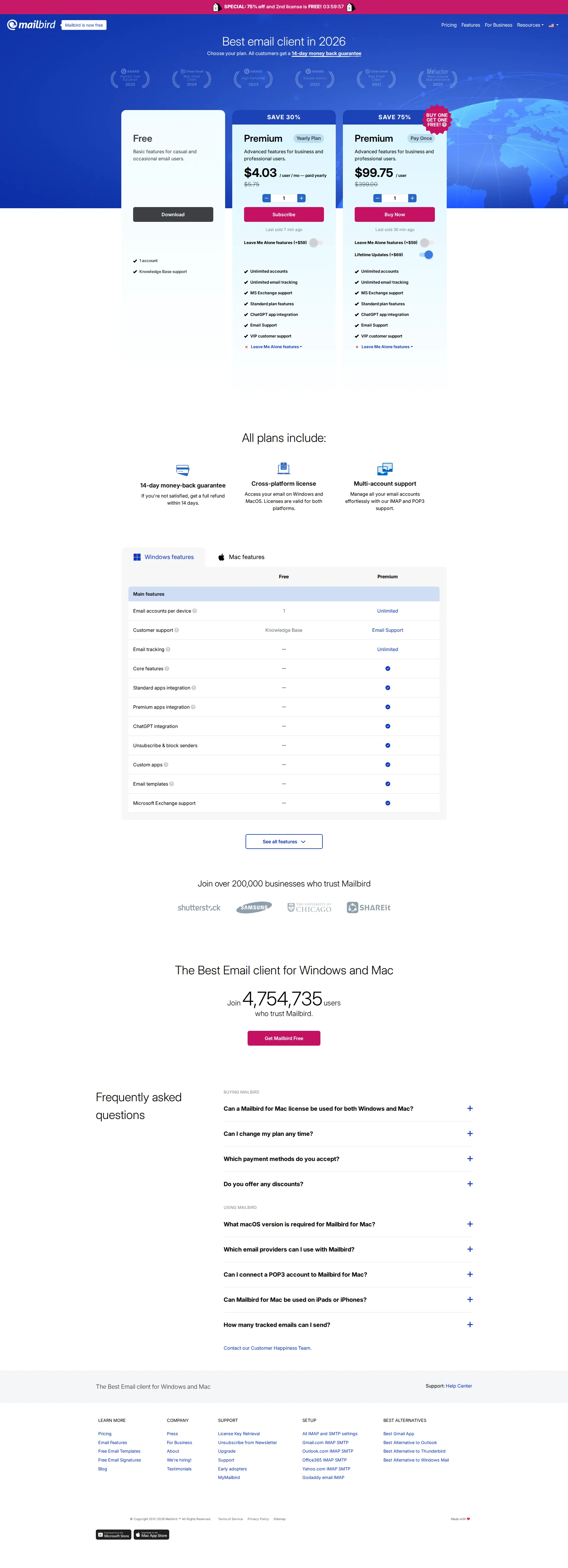 Mailbird pricing page screenshot