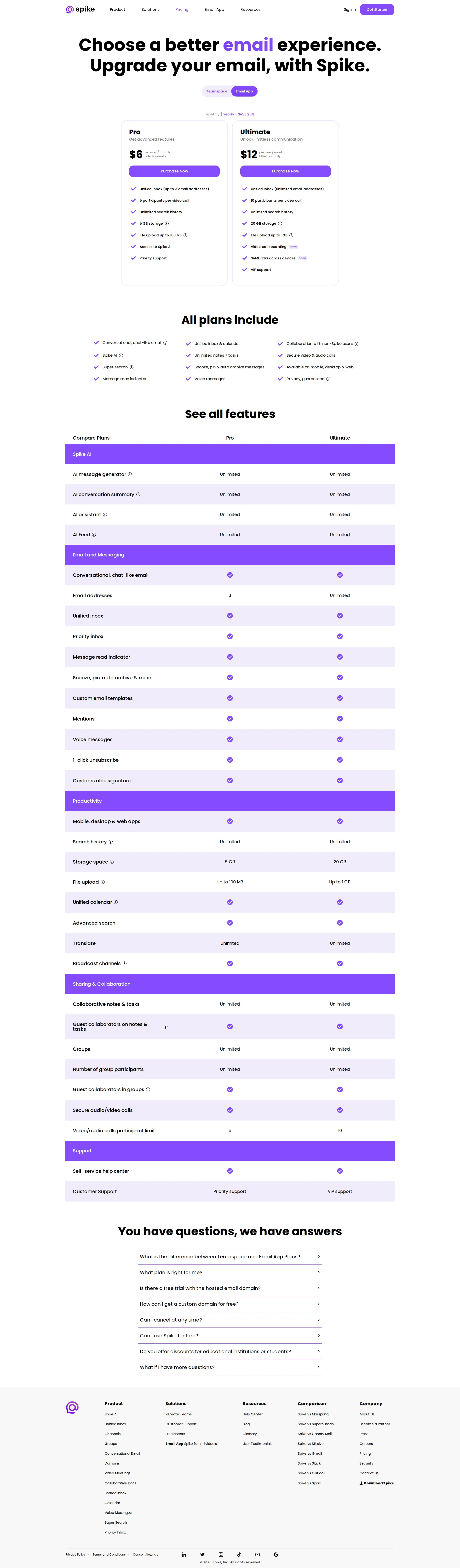 Spike pricing page screenshot