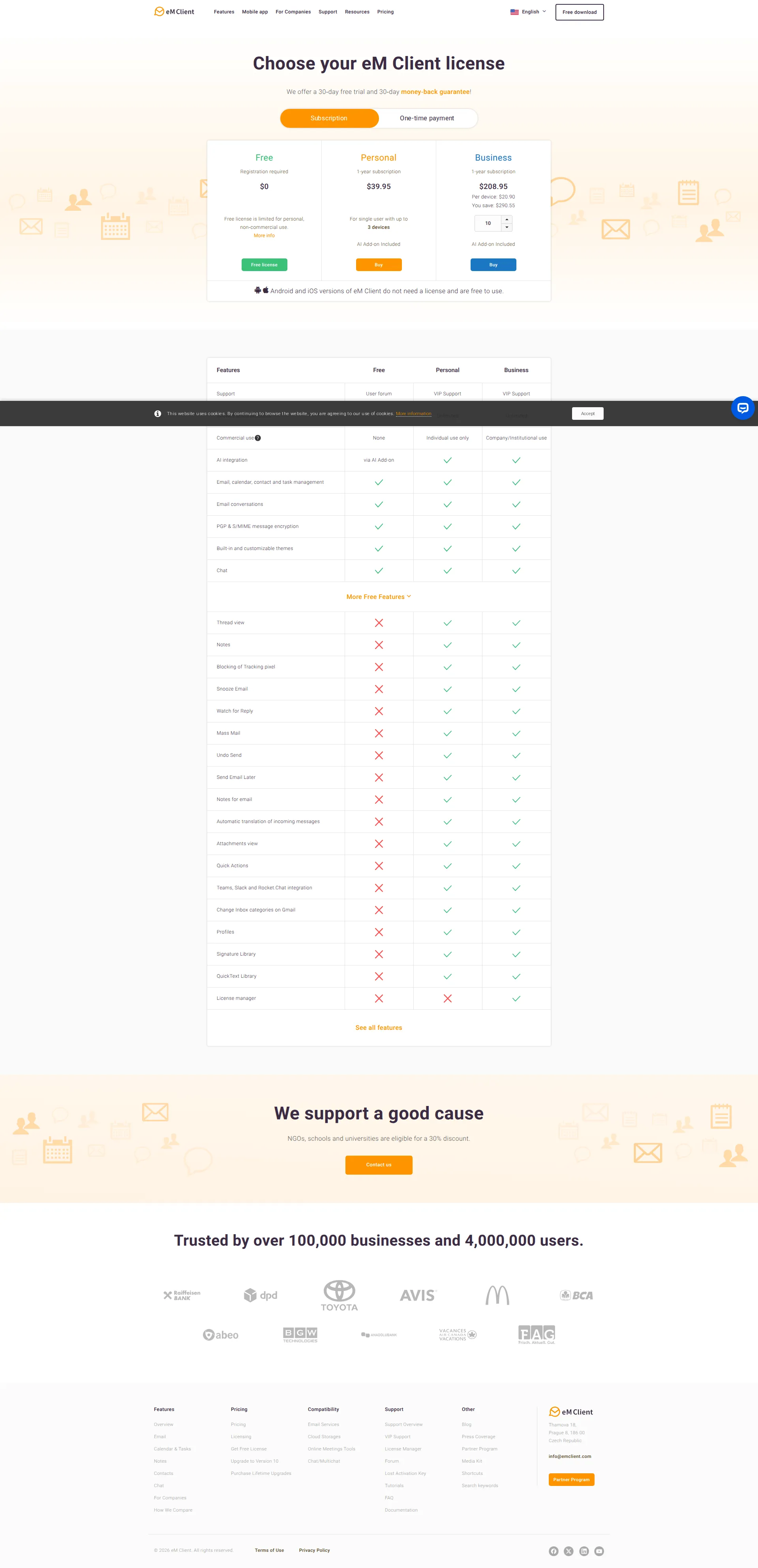 eM Client pricing page screenshot