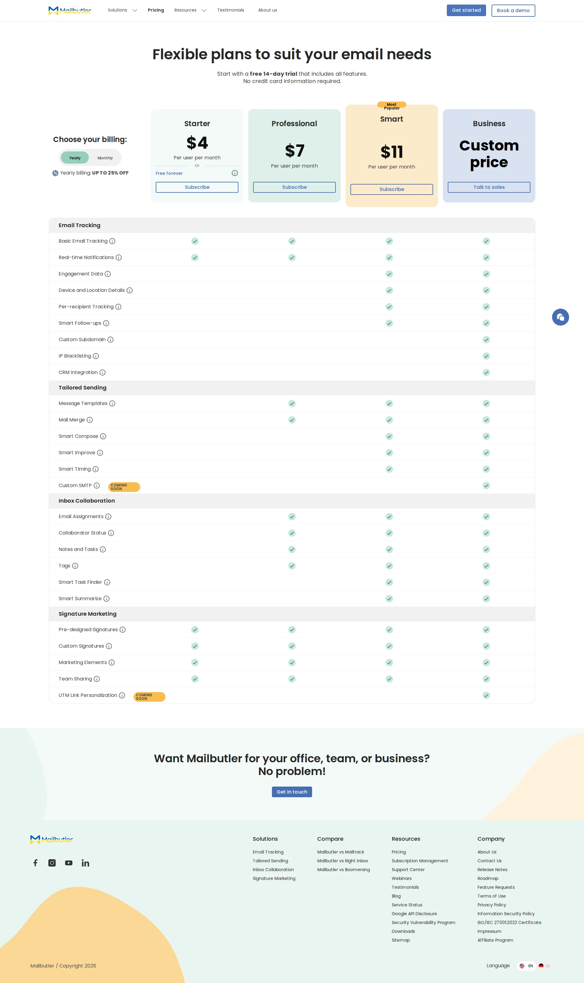 Mailbutler pricing page screenshot