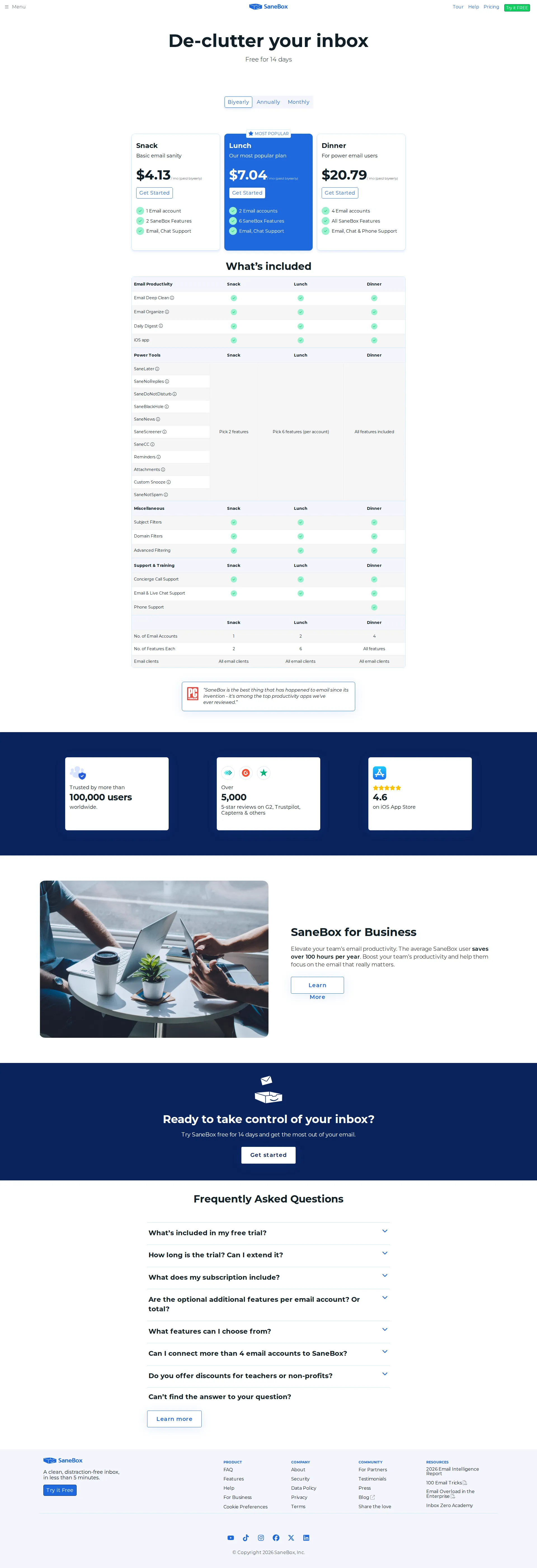 SaneBox pricing page screenshot
