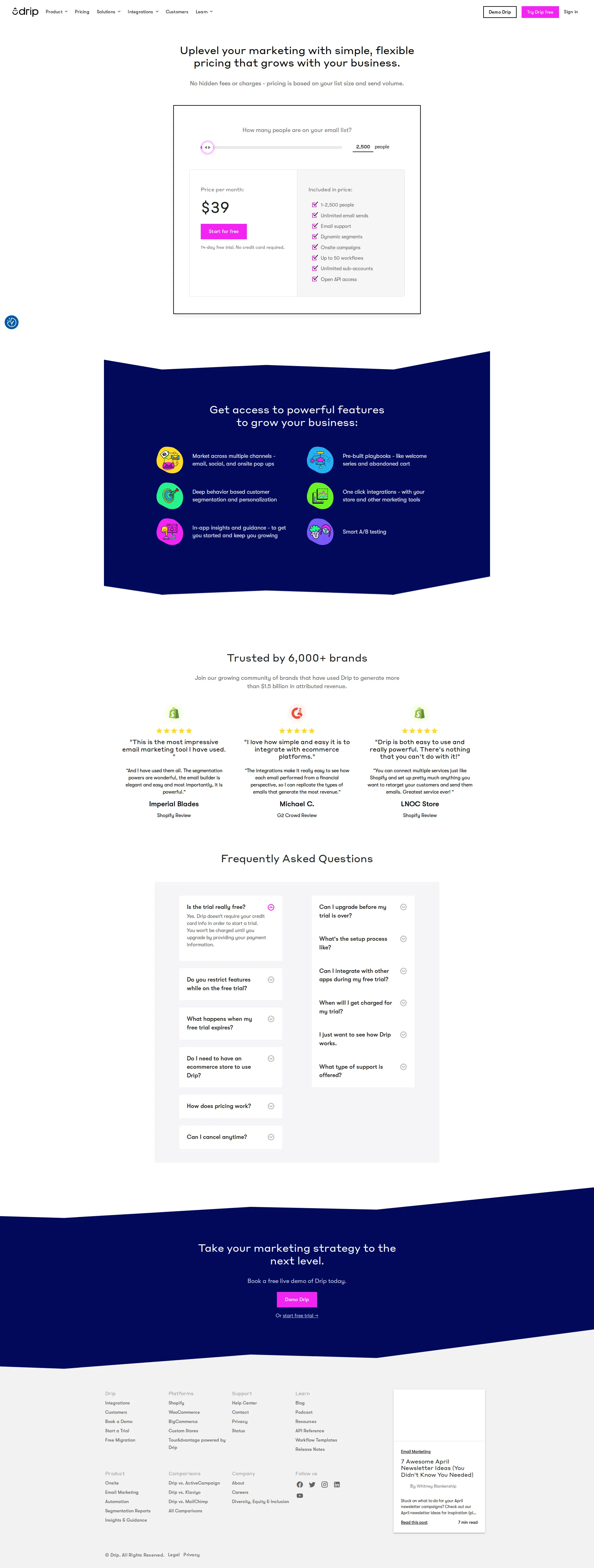 Drip pricing page screenshot