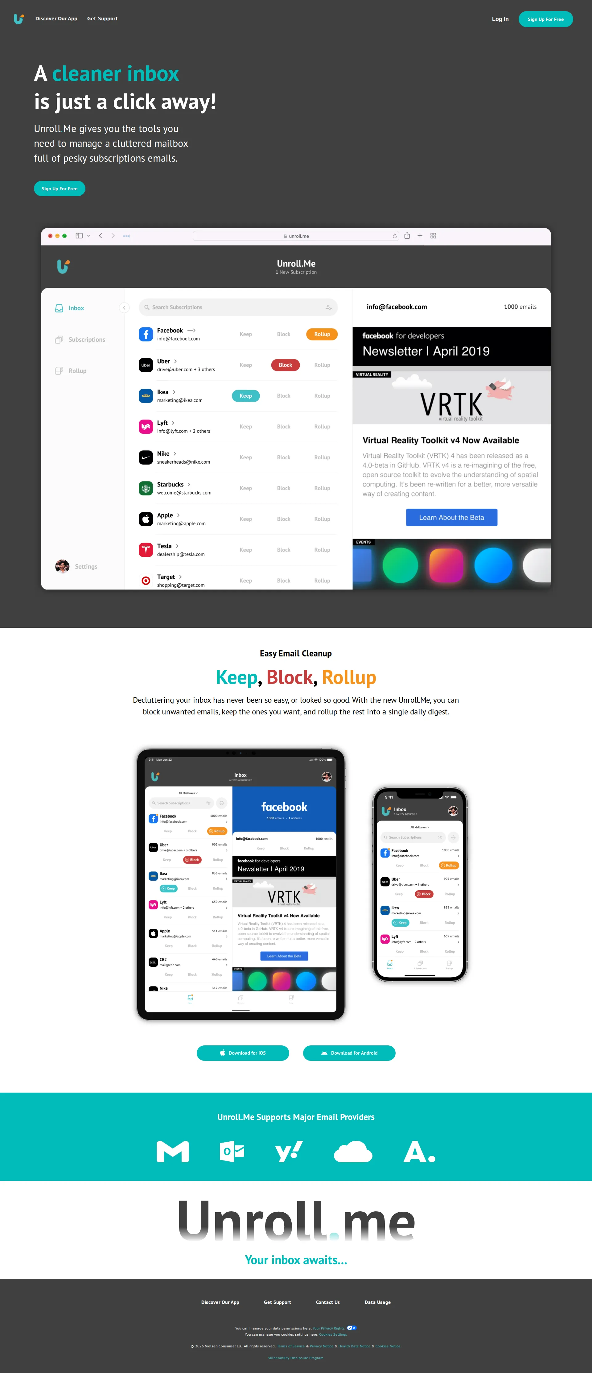 Unroll.Me pricing page screenshot