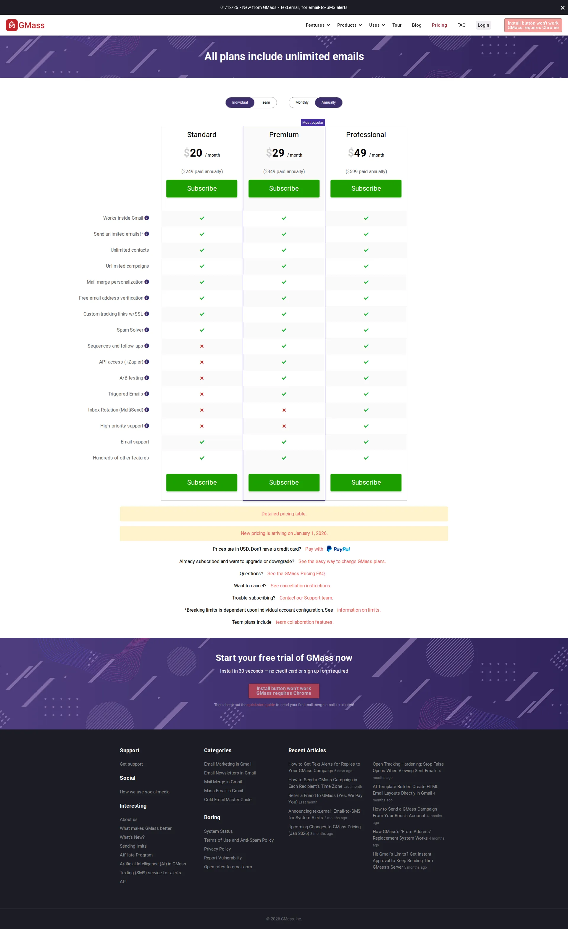 GMass pricing page screenshot