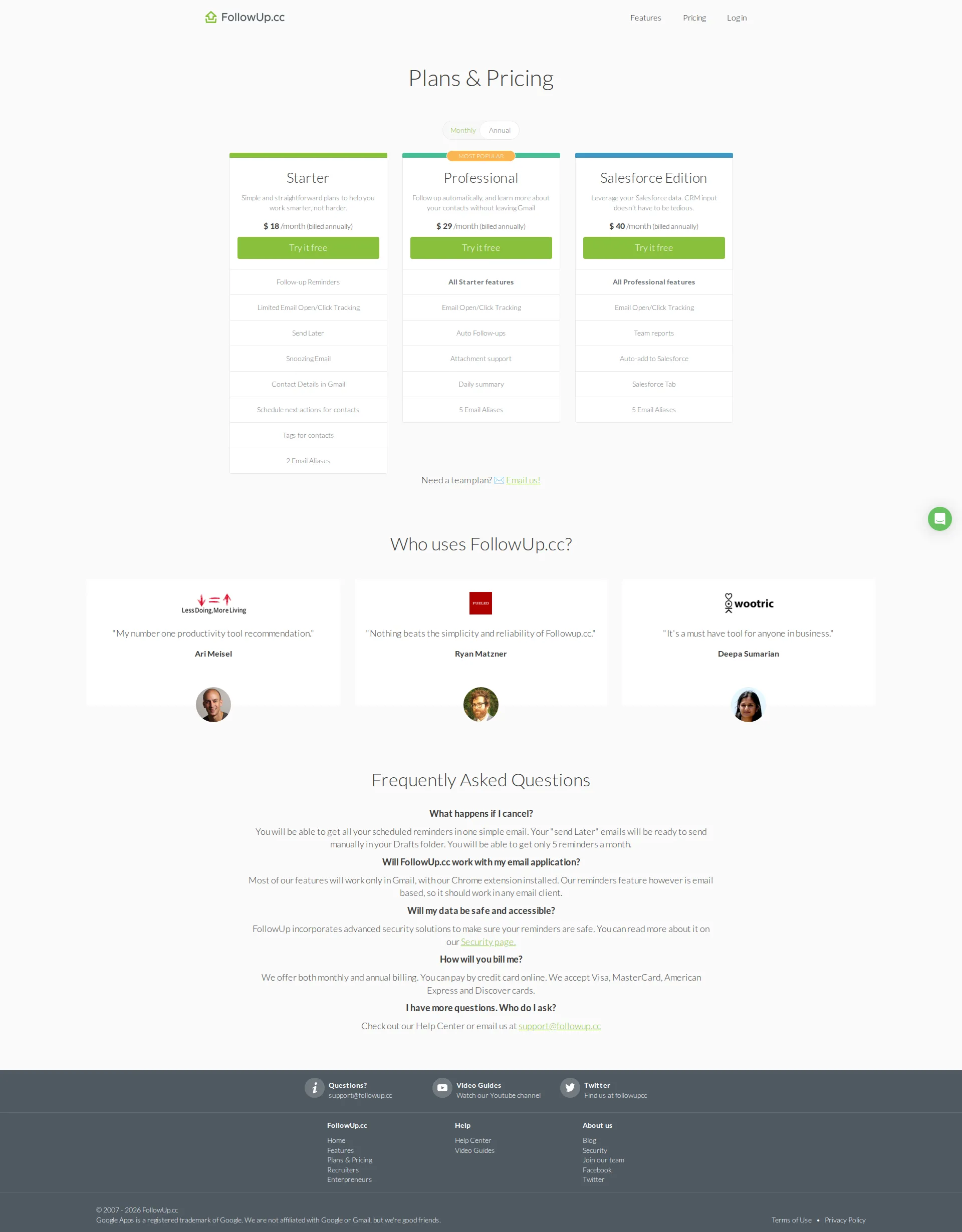 FollowUp.cc pricing page screenshot