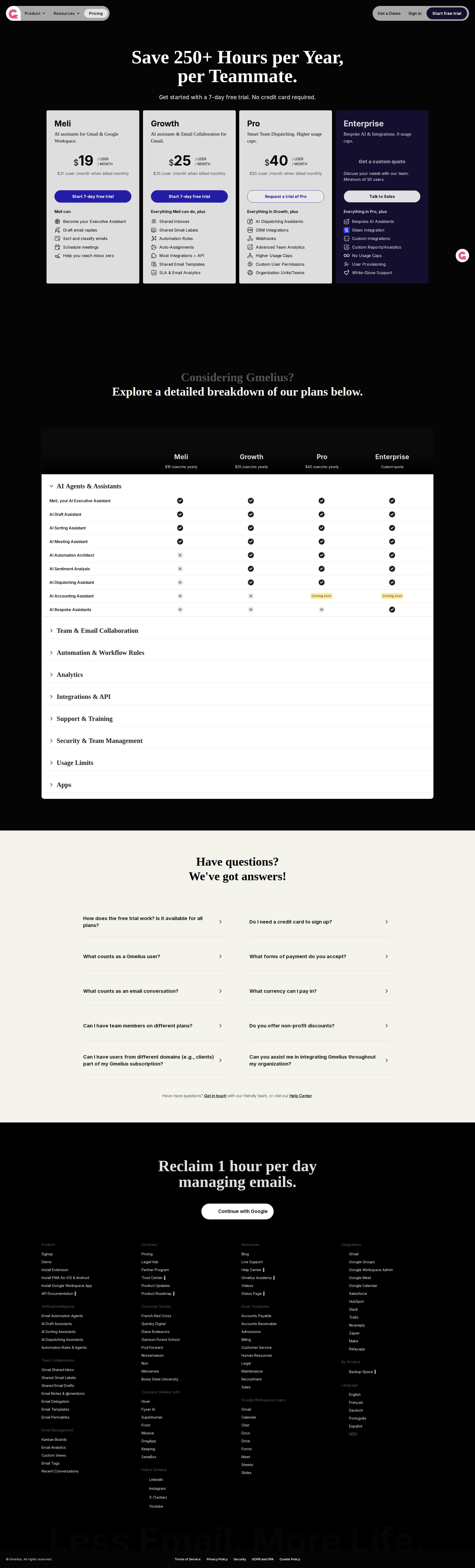 Gmelius pricing page screenshot