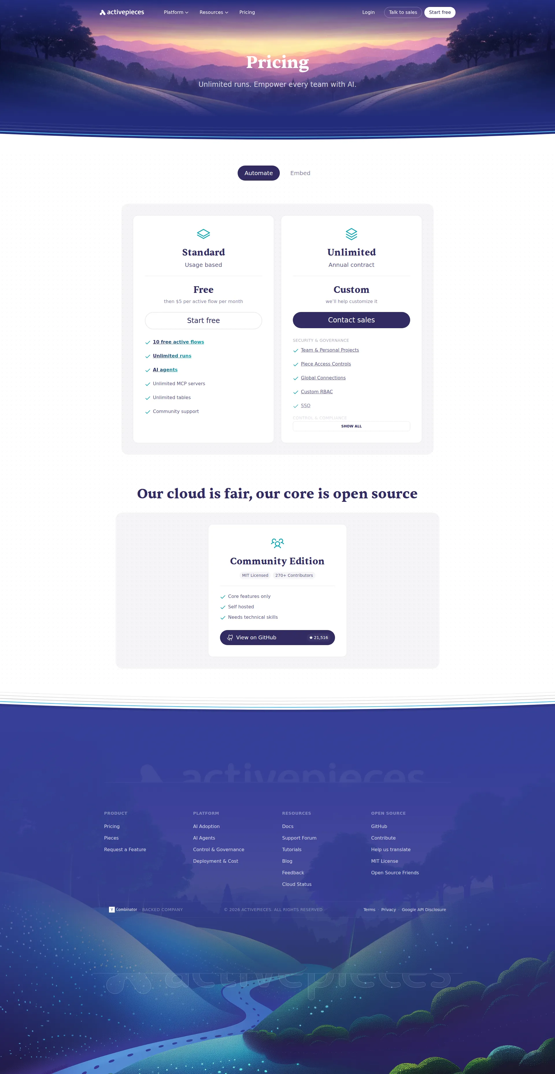 Activepieces pricing page screenshot