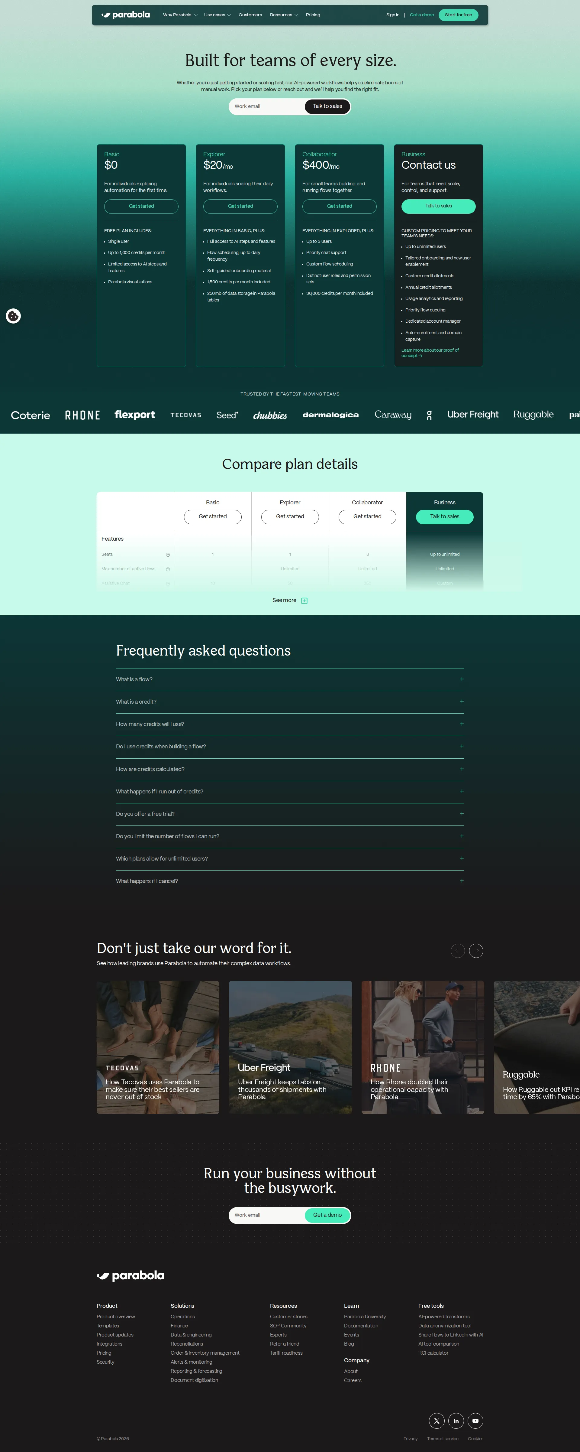 Parabola pricing page screenshot
