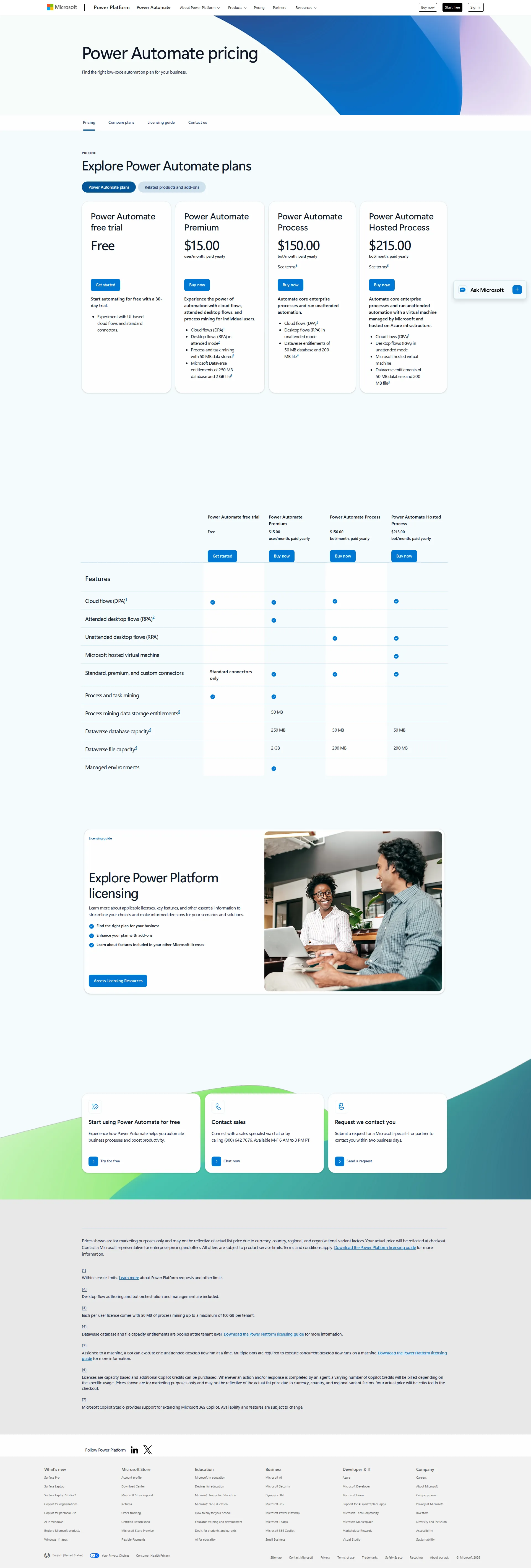 Power Automate pricing page screenshot