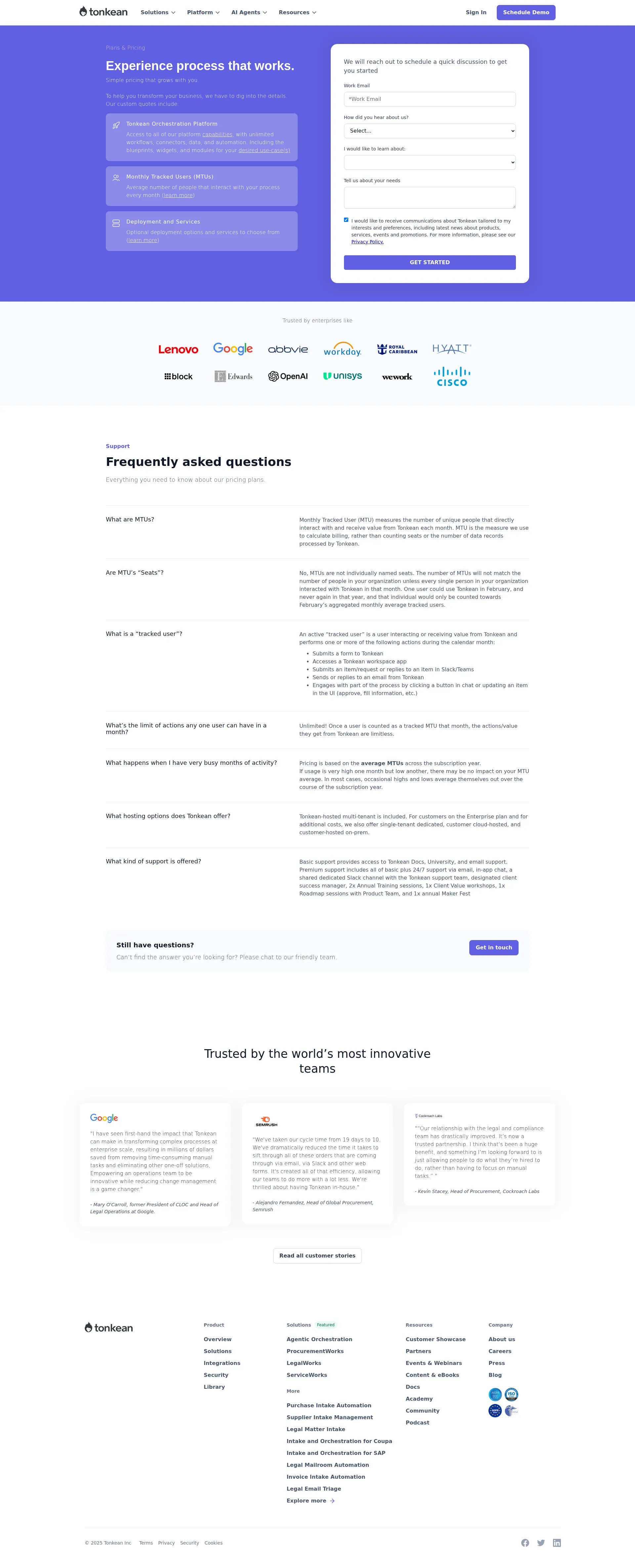 Tonkean pricing page screenshot