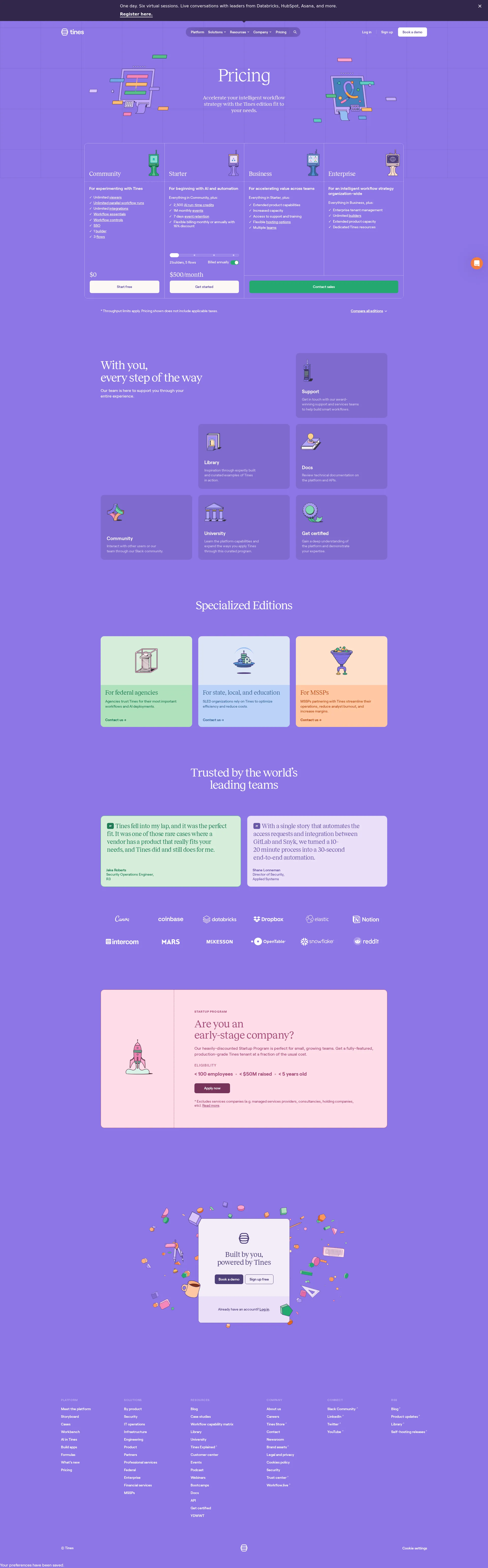Tines pricing page screenshot