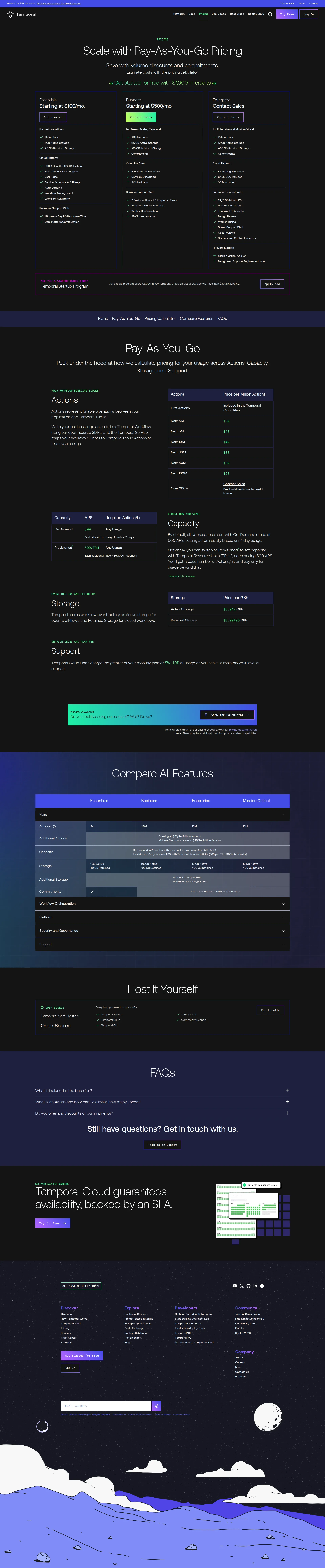 Temporal pricing page screenshot