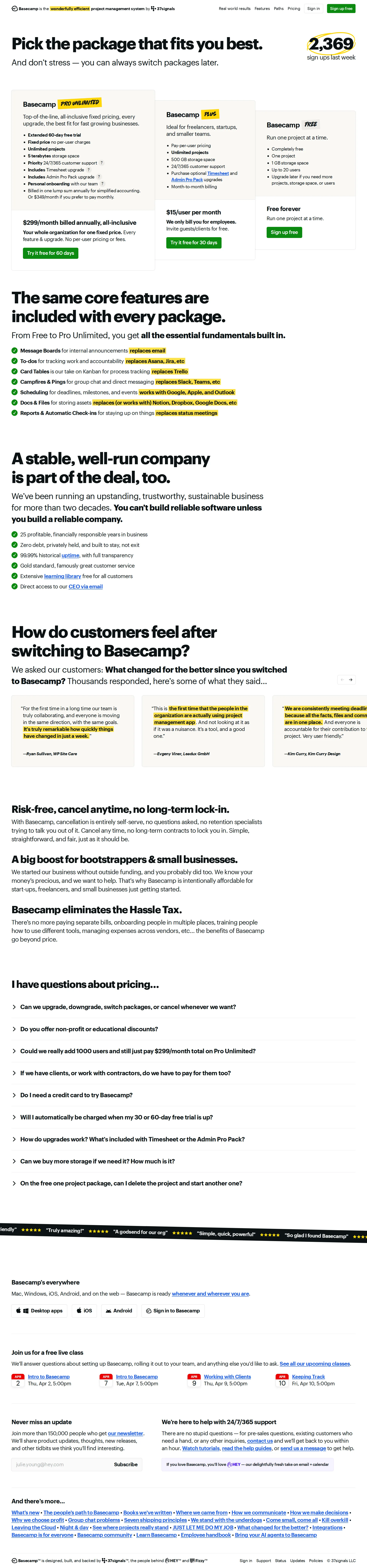 Basecamp pricing page screenshot