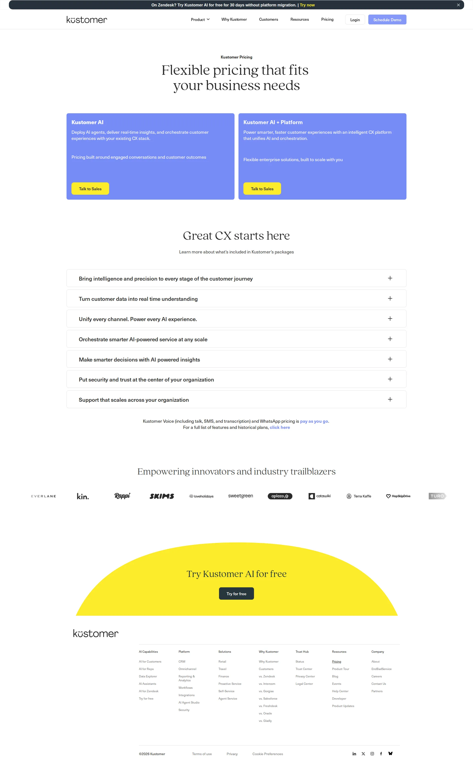 Kustomer pricing page screenshot