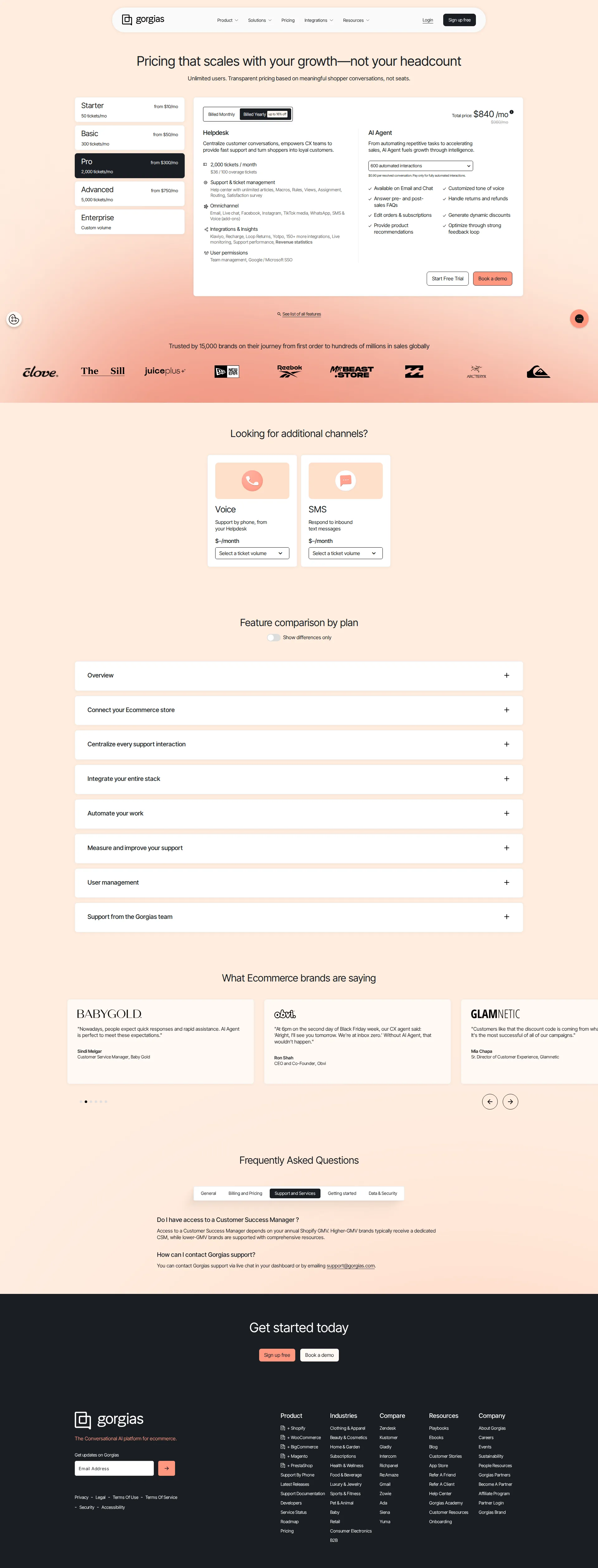 Gorgias pricing page screenshot