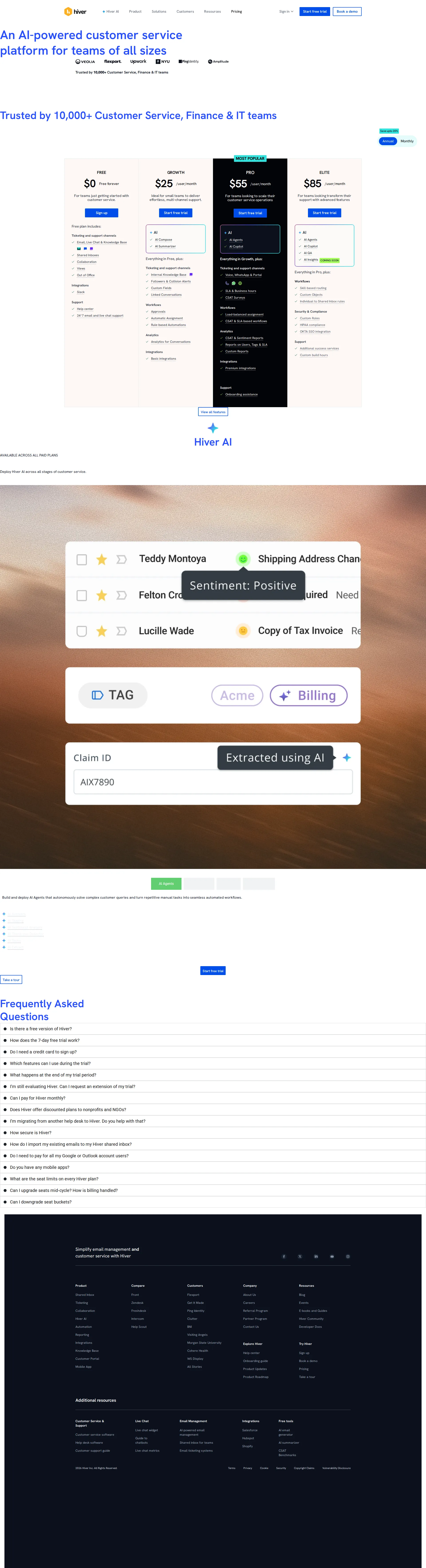 Hiver pricing page screenshot