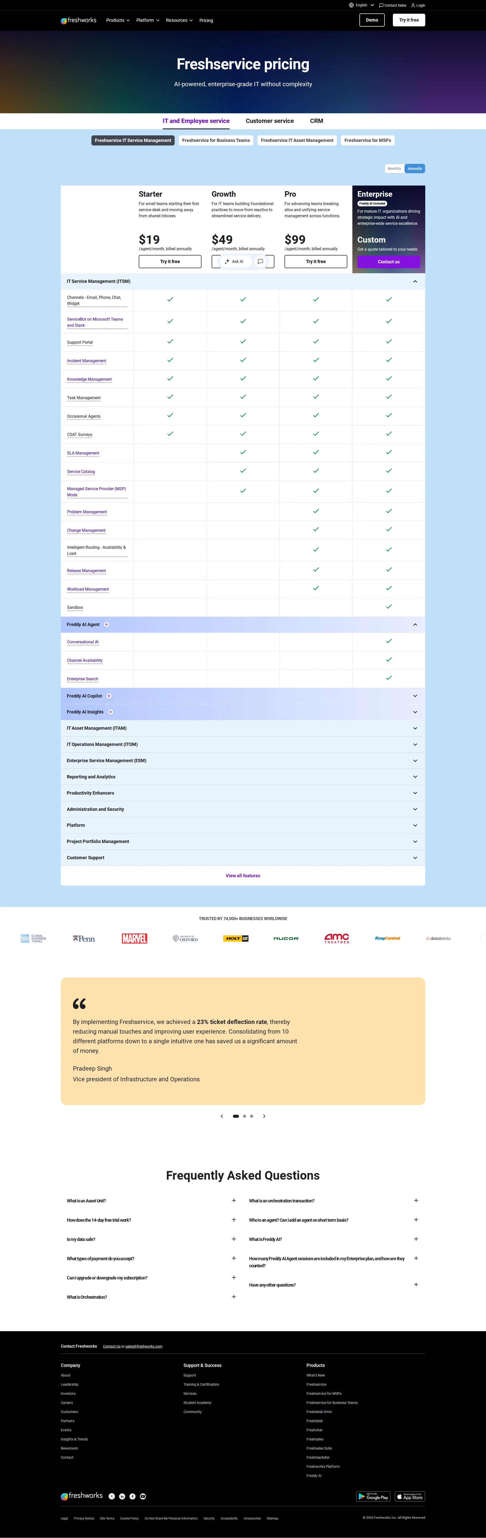 Freshservice pricing page screenshot