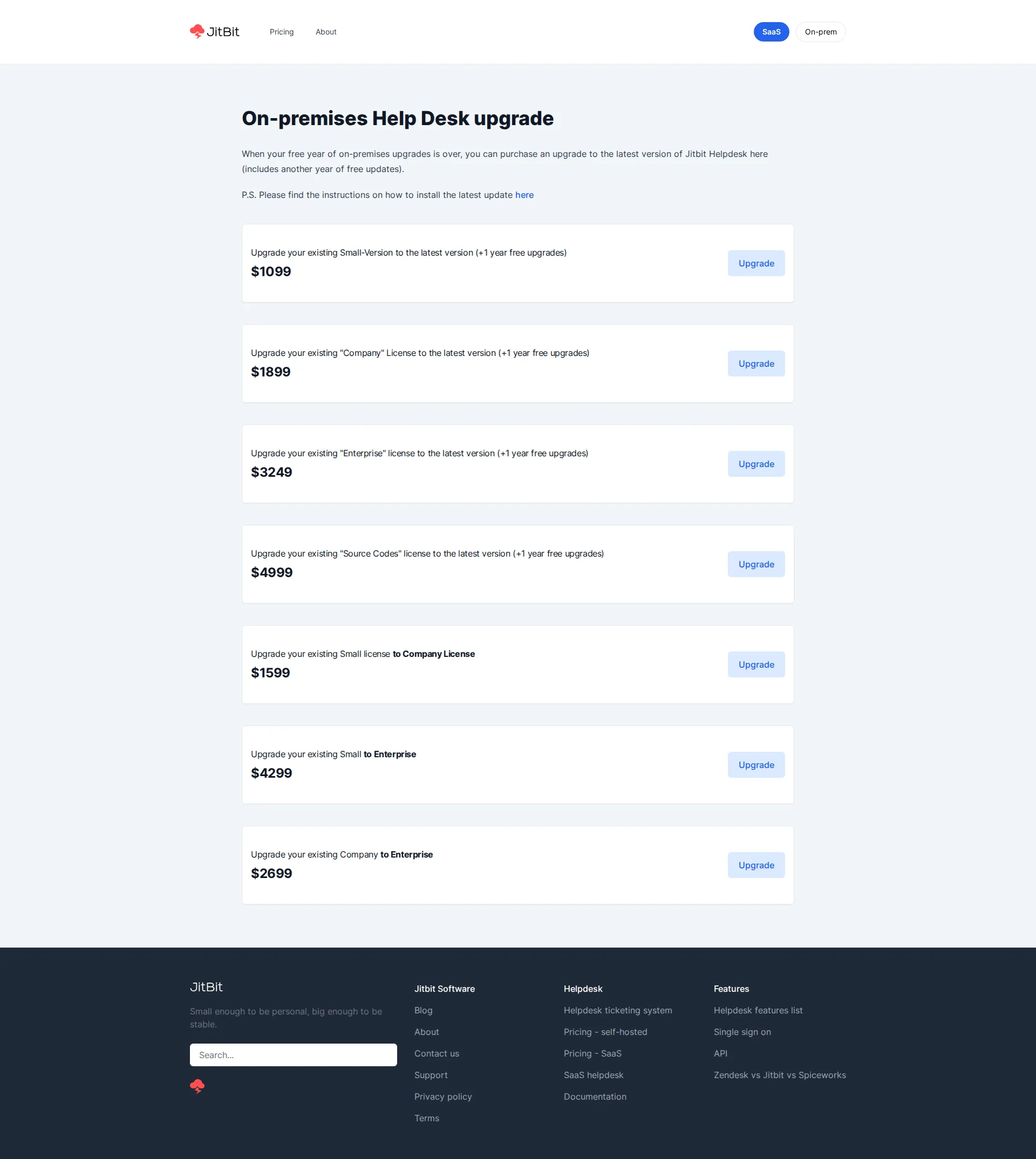 Jitbit Helpdesk pricing page screenshot
