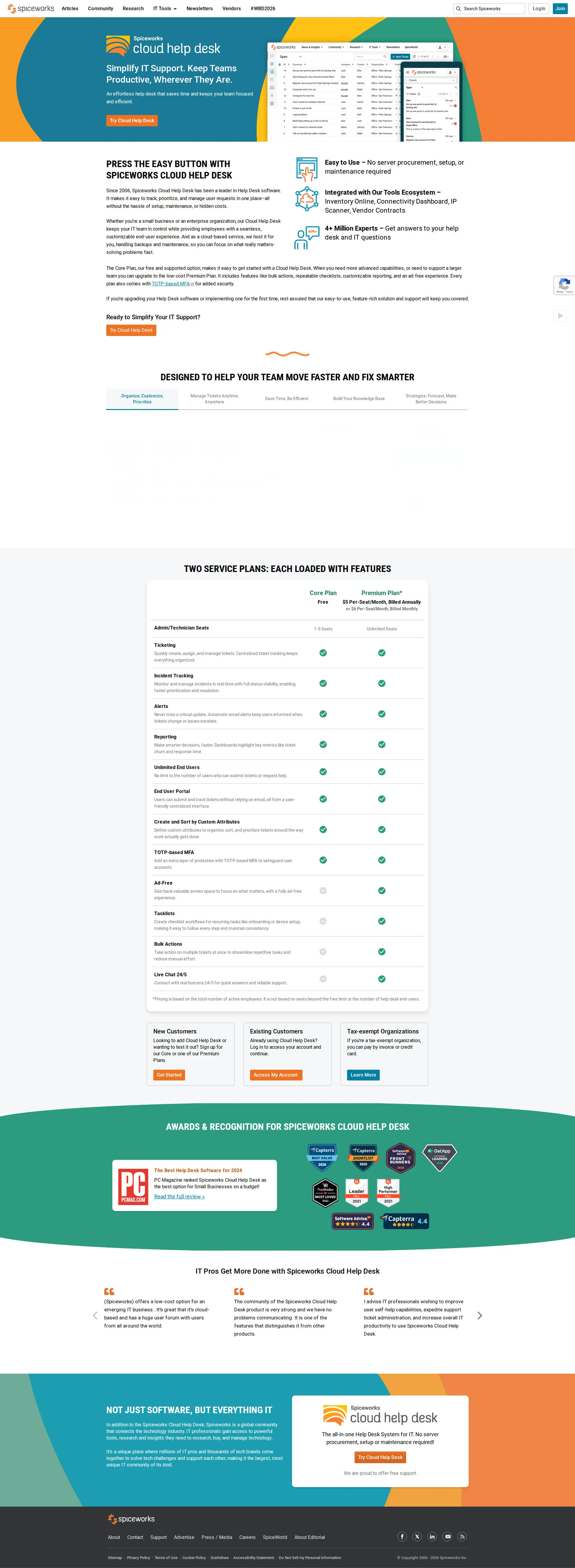 Spiceworks pricing page screenshot