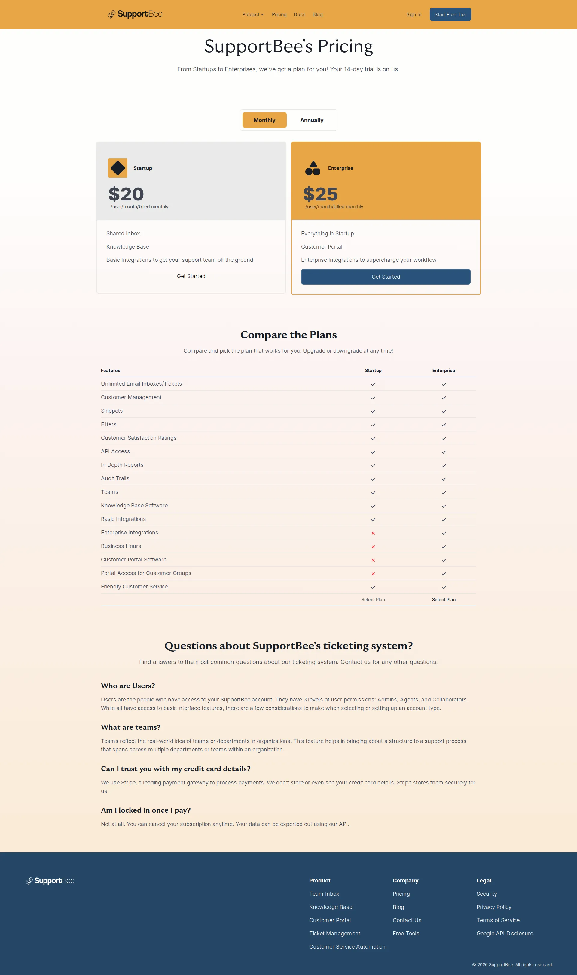 Supportbee pricing page screenshot