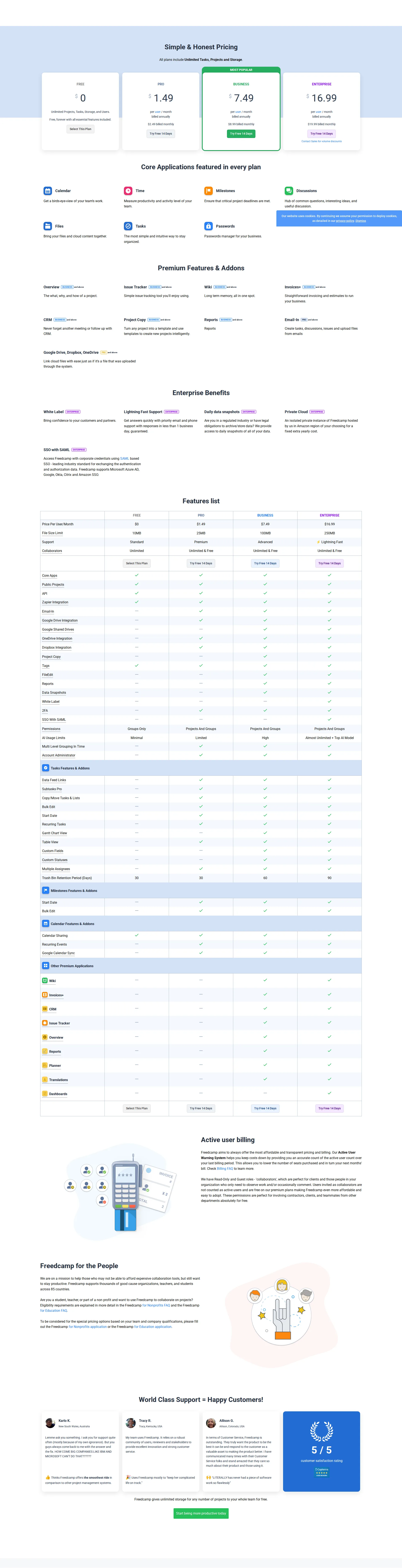 Freedcamp pricing page screenshot