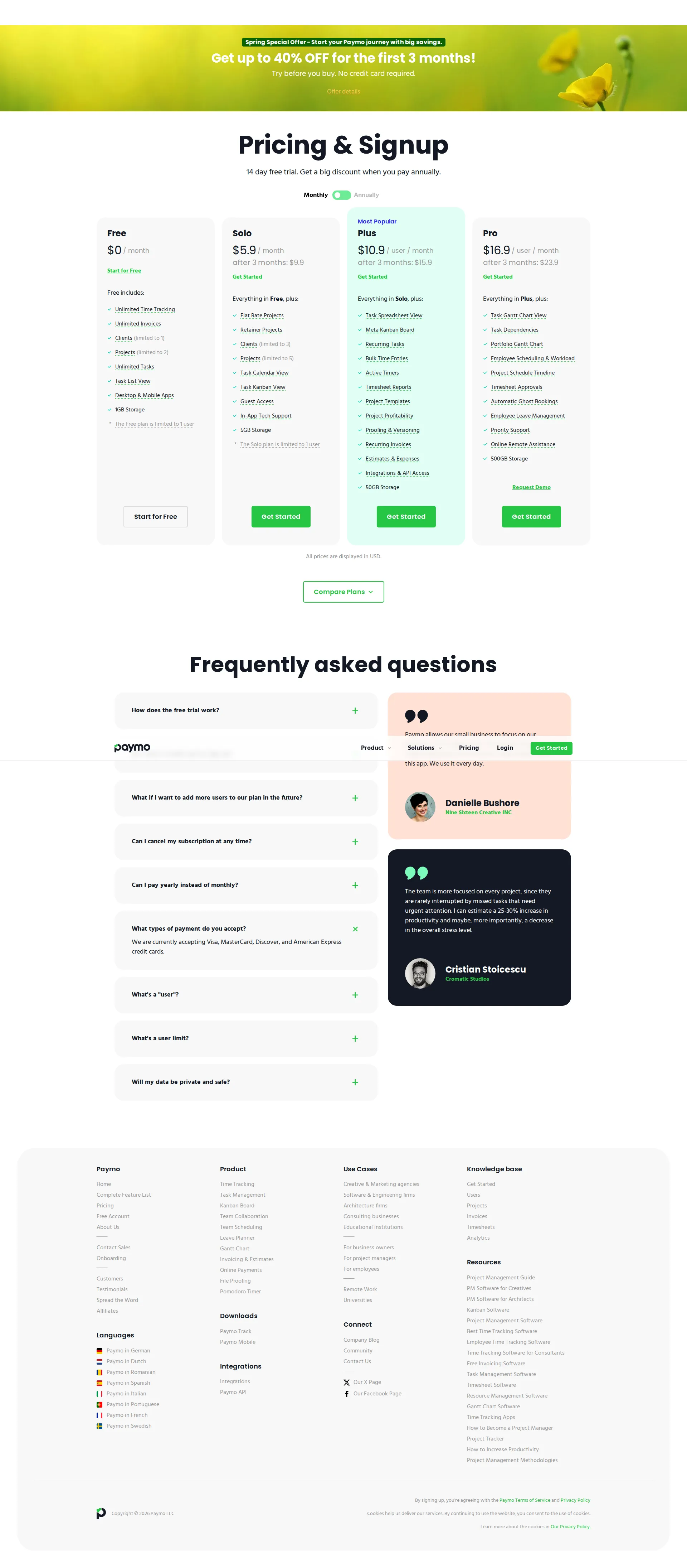 Paymo pricing page screenshot