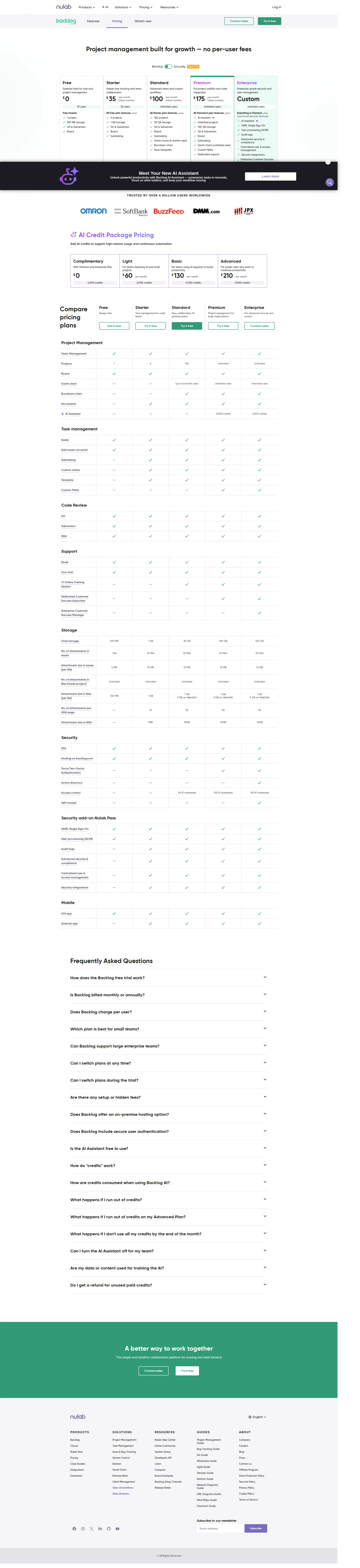Backlog pricing page screenshot