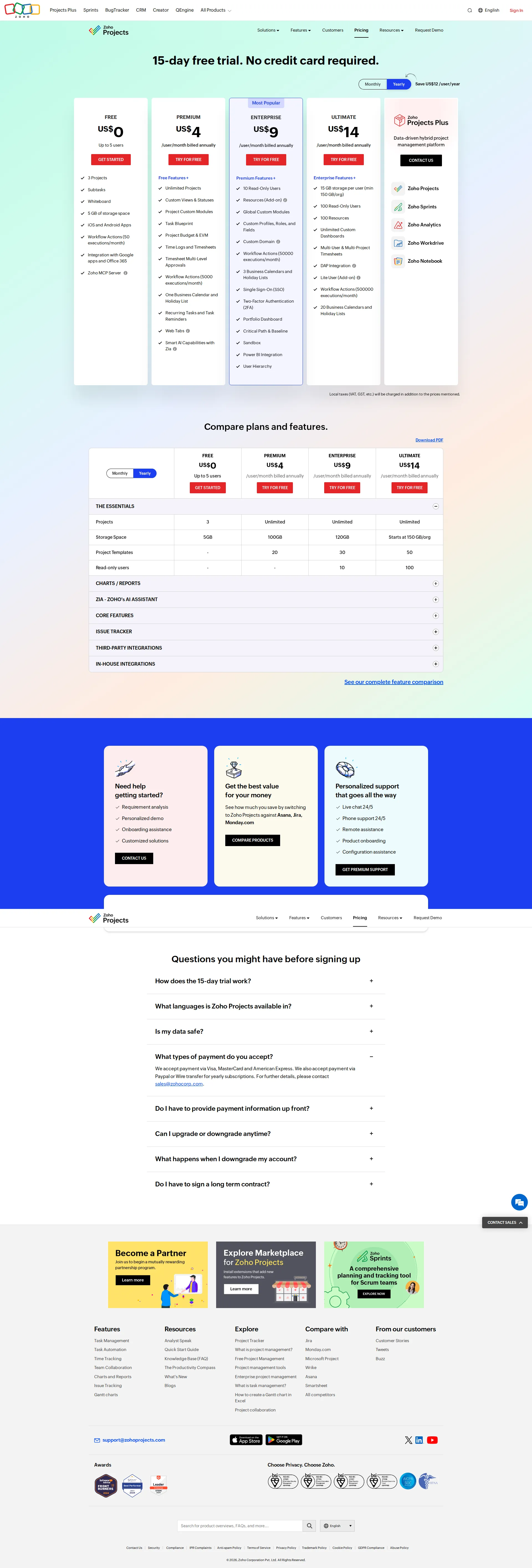 Zoho Projects pricing page screenshot