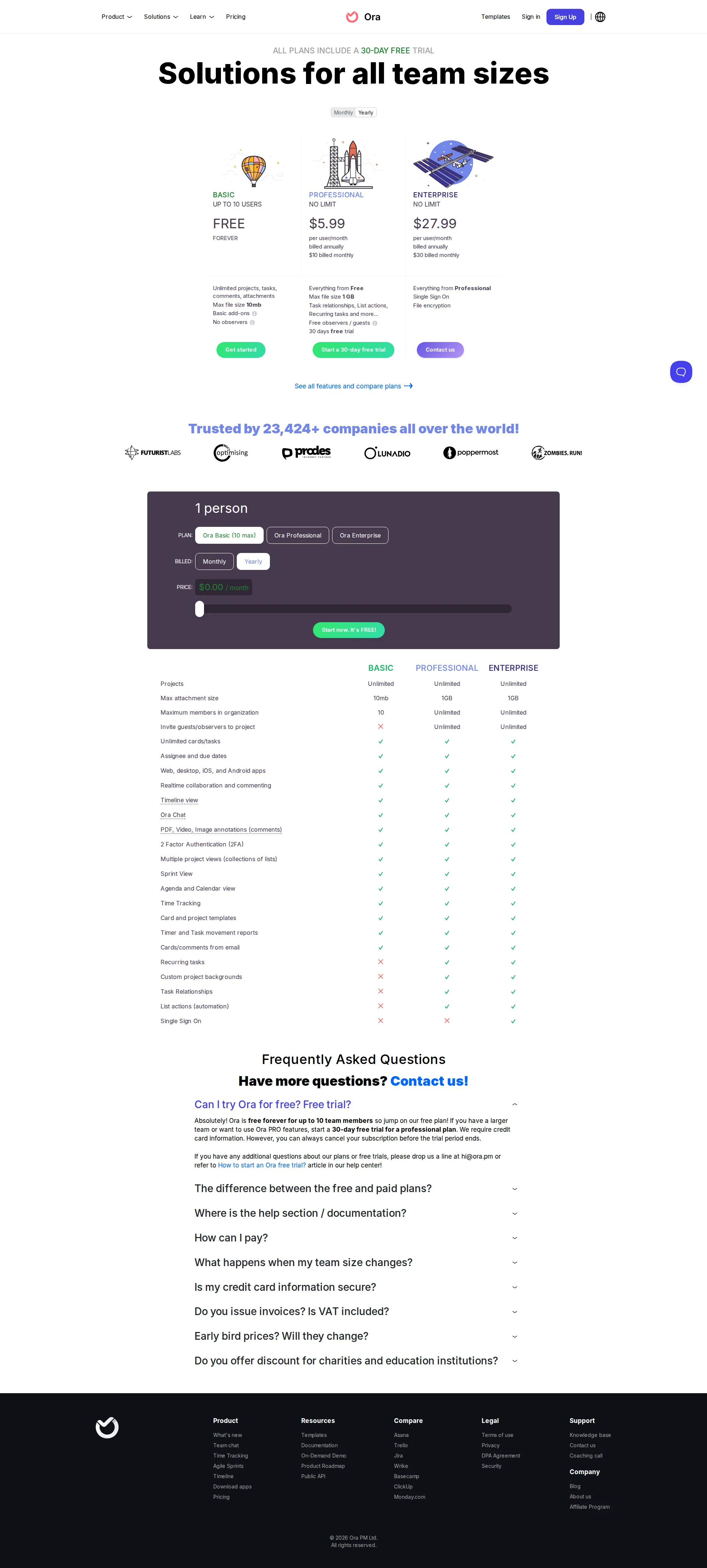 Ora pricing page screenshot