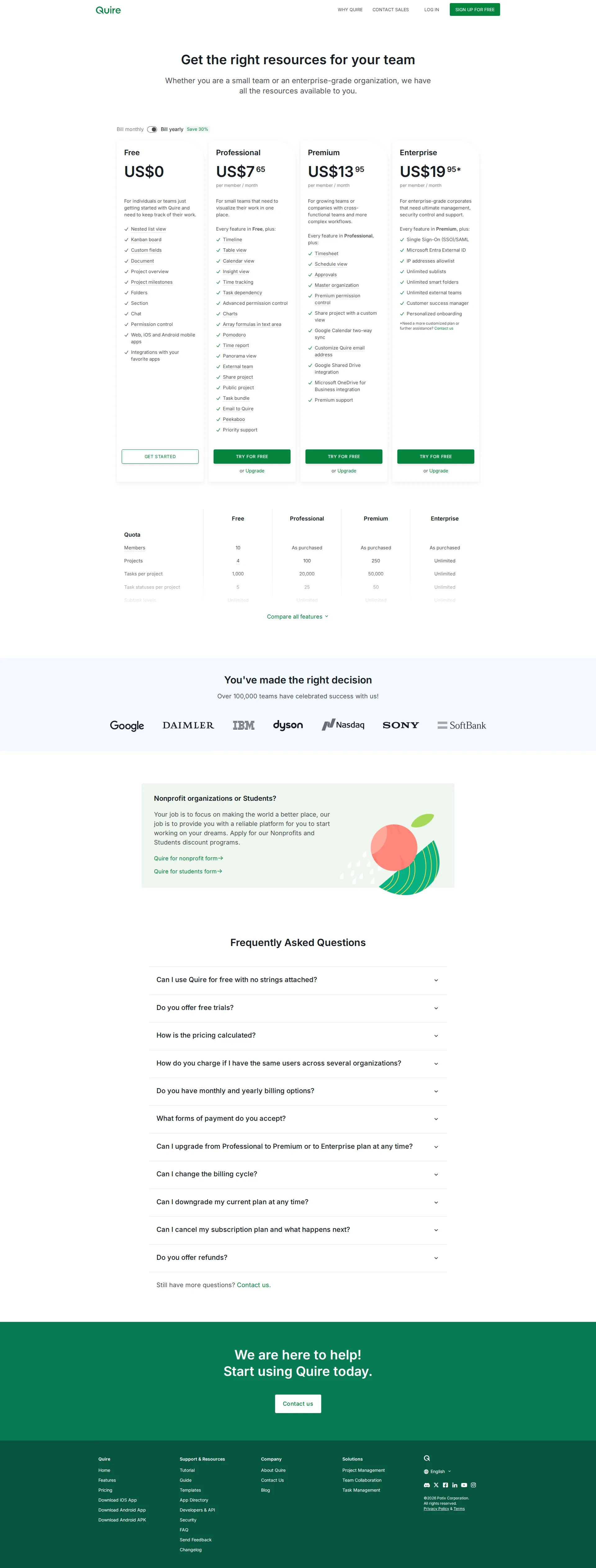 Quire pricing page screenshot