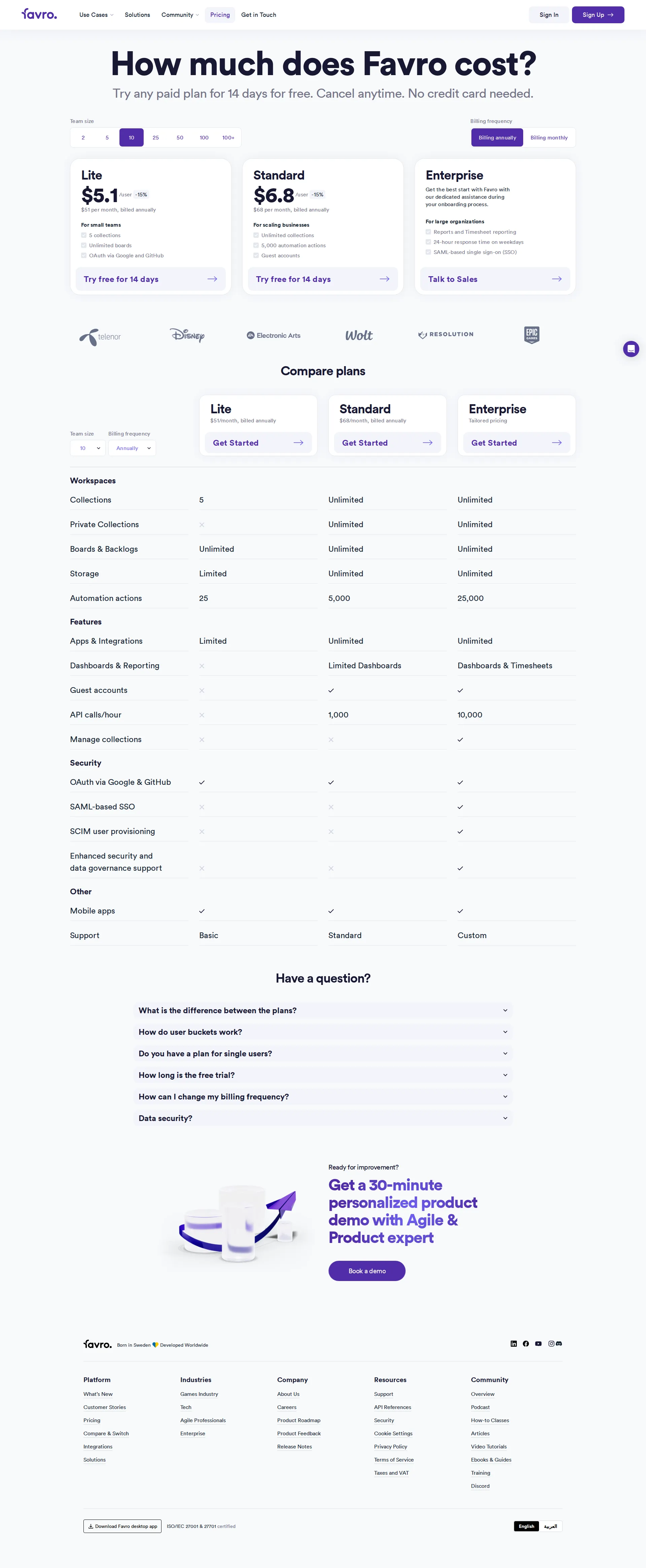 Favro pricing page screenshot