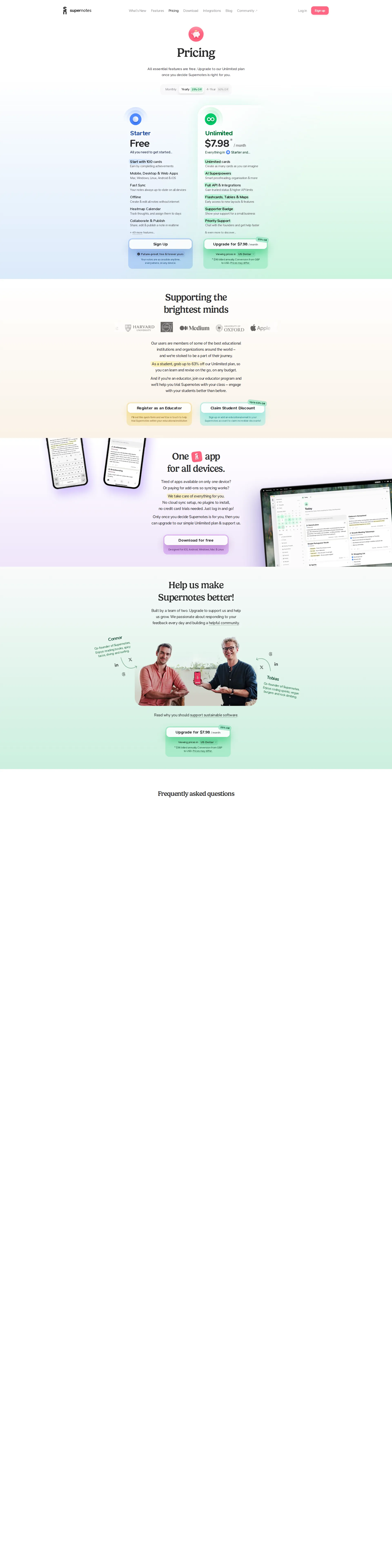 Supernotes pricing page screenshot