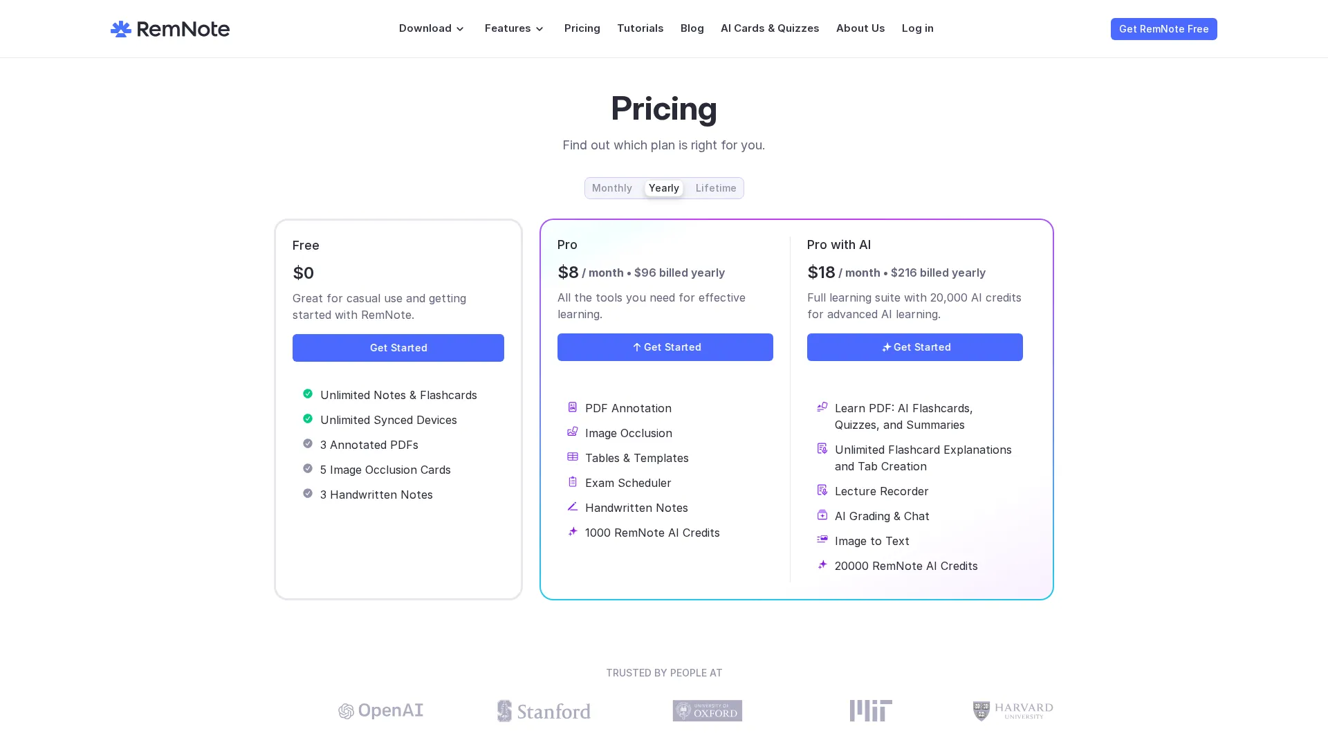 Remnote pricing page screenshot