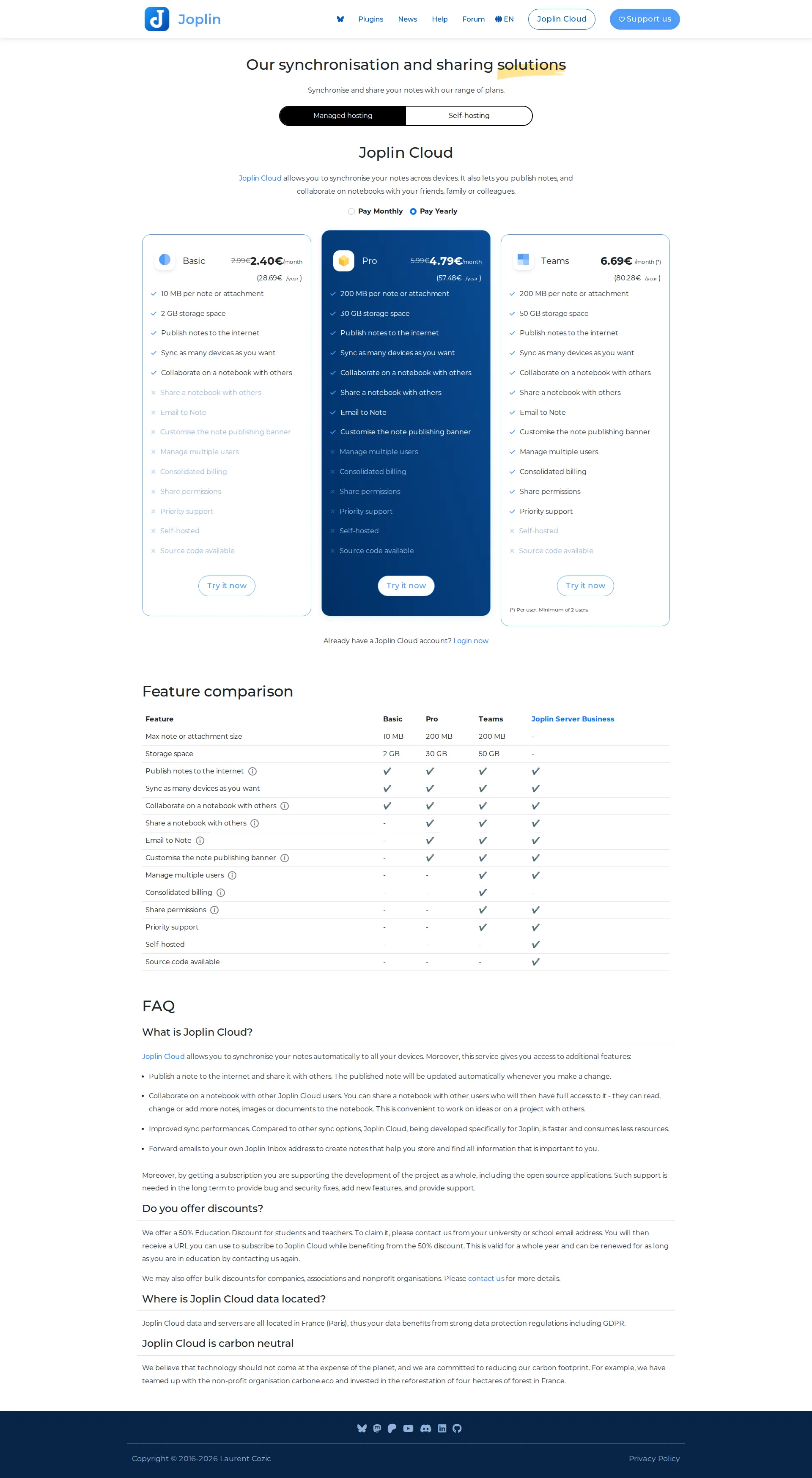 Joplin pricing page screenshot