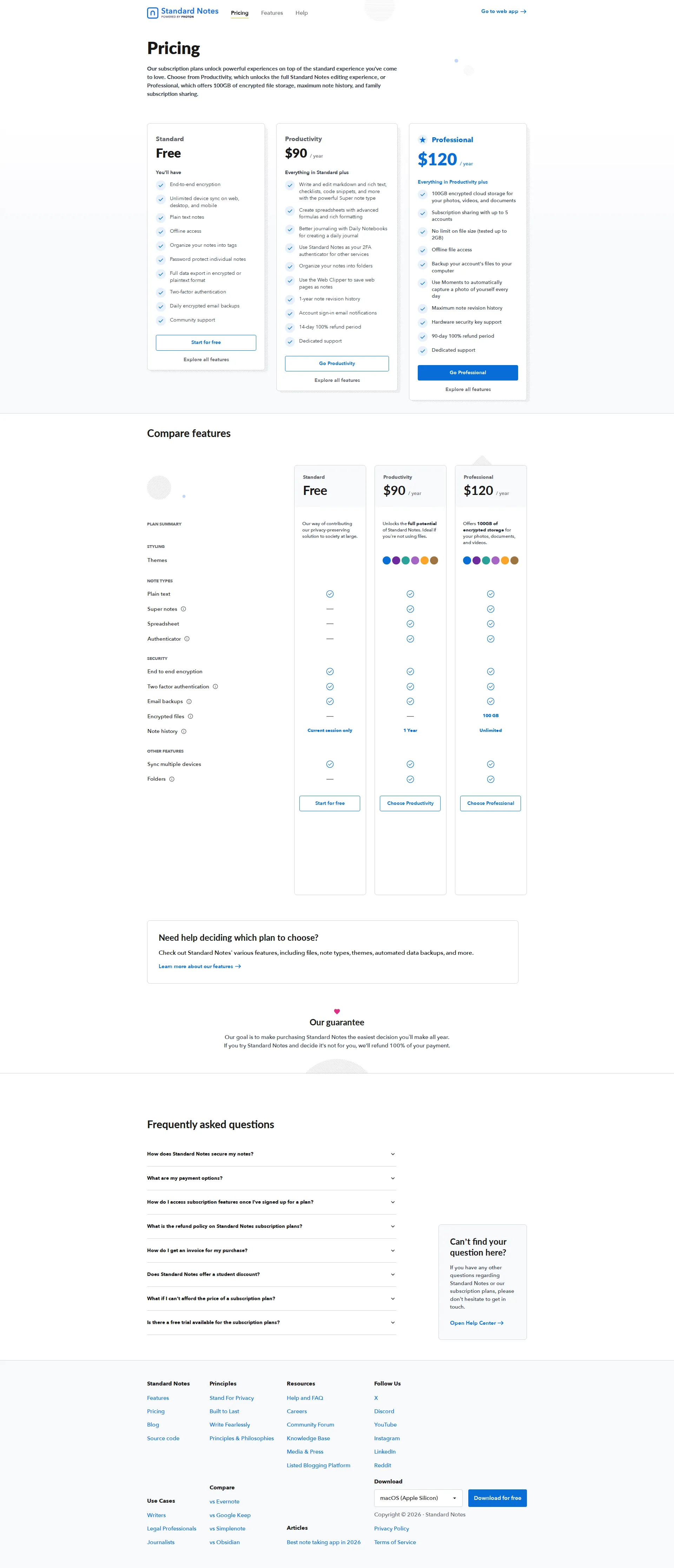 Standard Notes pricing page screenshot